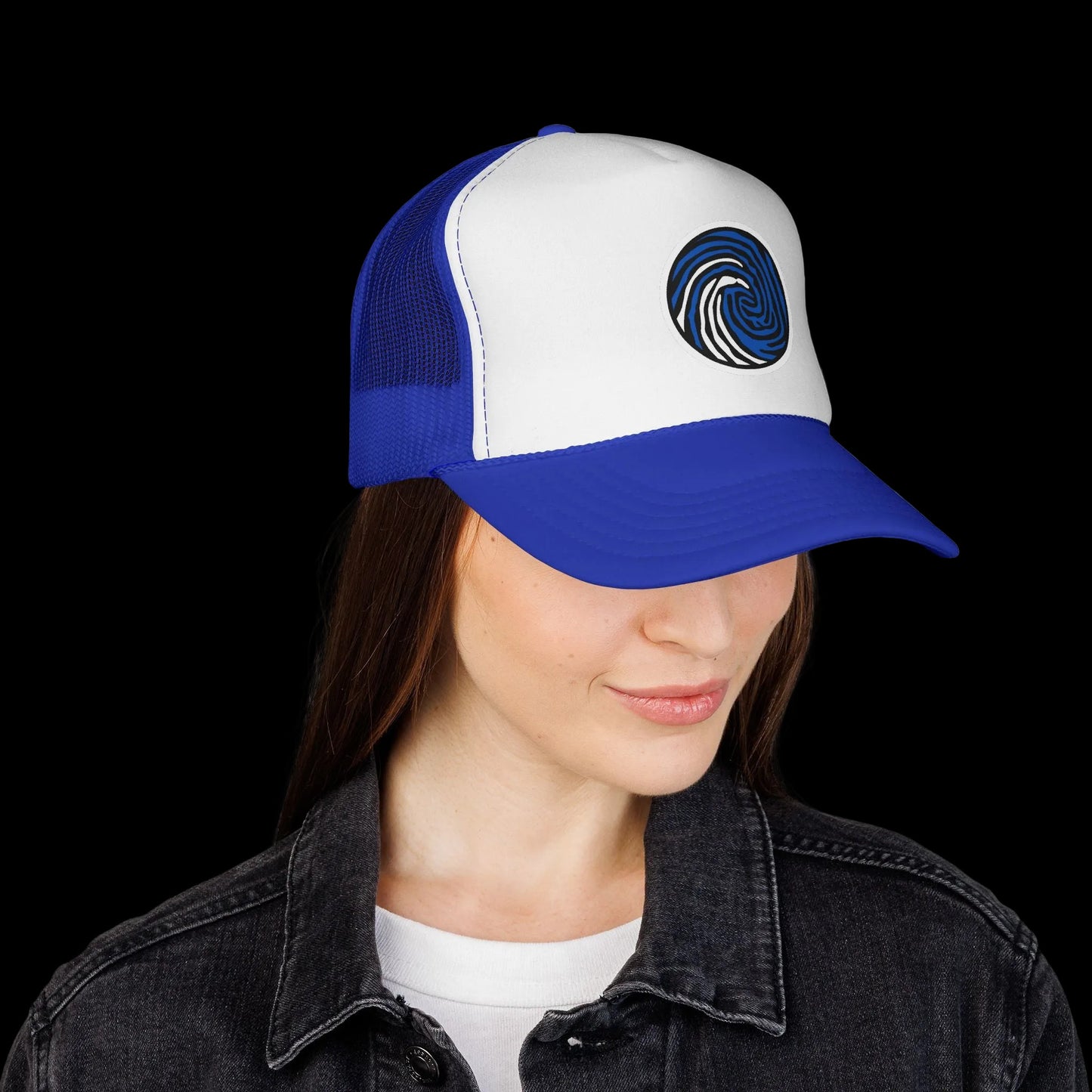 Crazy Fingers Design Wave Print Trucker Cap — Surf-Inspired Blue Swirl Patch Hat