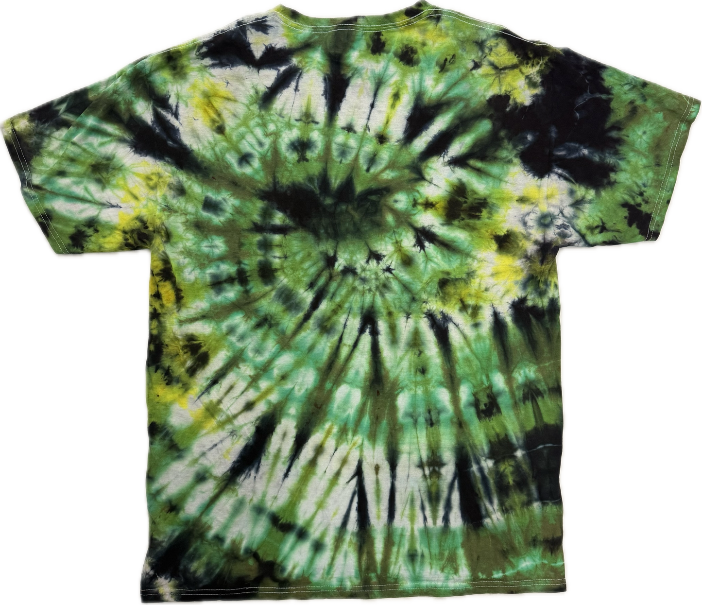 Tie-dye t-shirt with green, black, and yellow spiral pattern on a white background