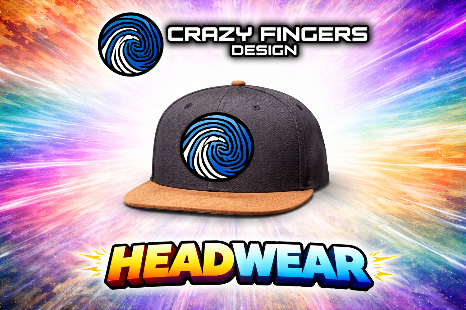 Headwear collection banner for Crazy Fingers Design featuring snapback hat with spiral logo on colorful abstract background