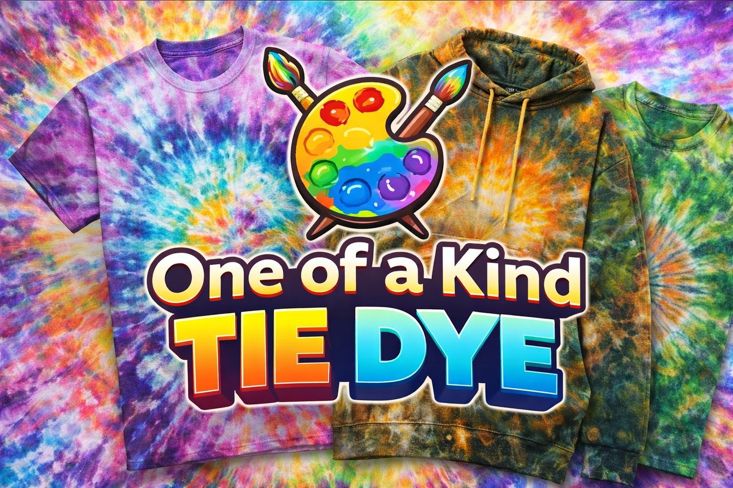 One of a Kind Tie Dye collection banner featuring colorful hand dyed shirts and hoodie on a vibrant tie dye background