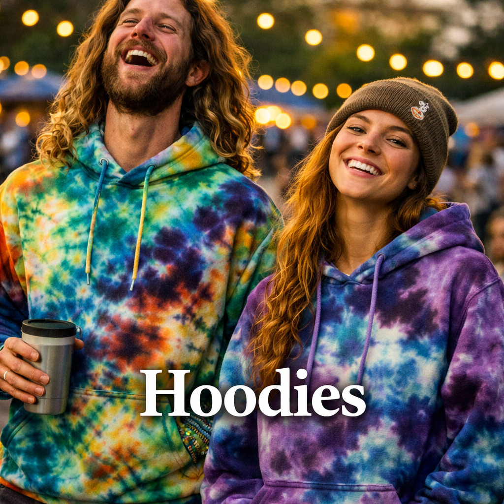 Models wearing colorful tie dye hoodies at an outdoor music festival representing the Crazy Fingers Design hoodie collection.