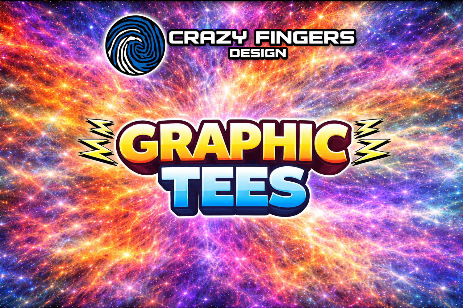 Graphic Tees collection banner for Crazy Fingers Design with spiral logo and colorful abstract cosmic background