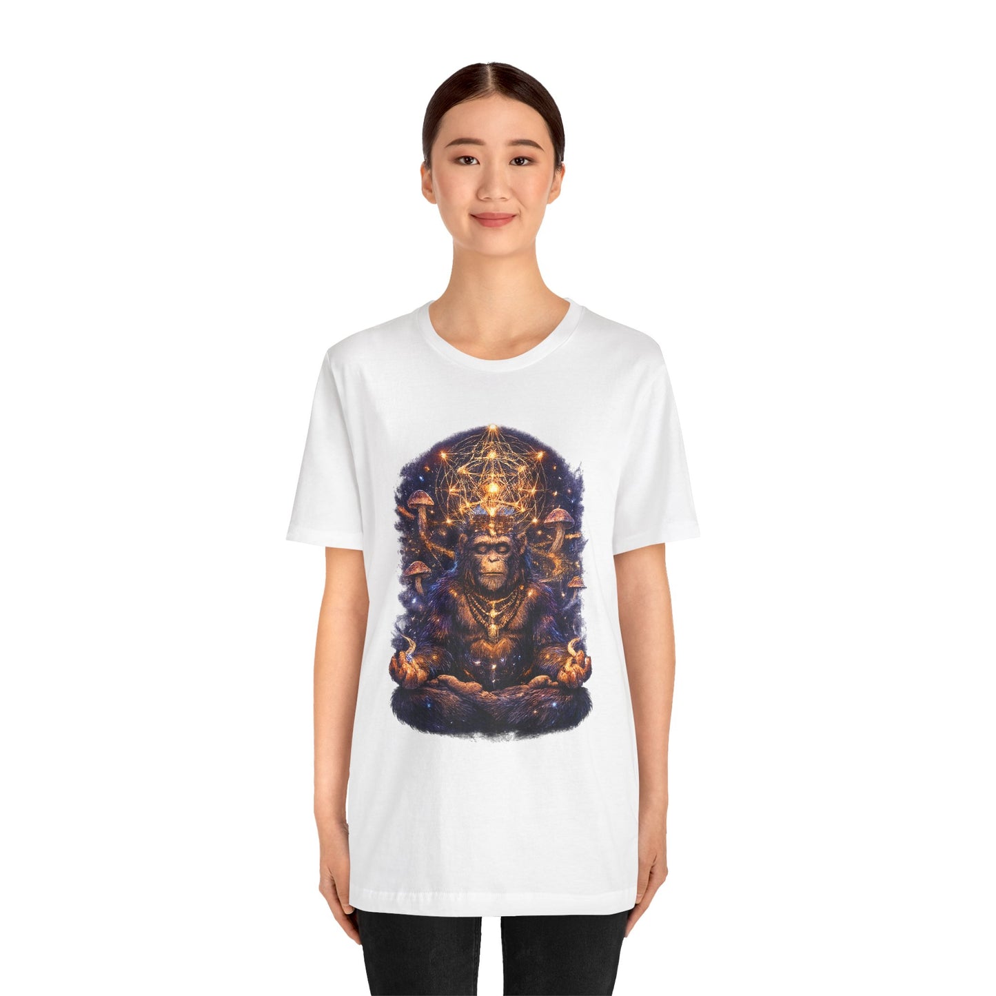Mystical Meditating Monkey T‑Shirt — Cosmic Geometry & Mushroom Vision Art