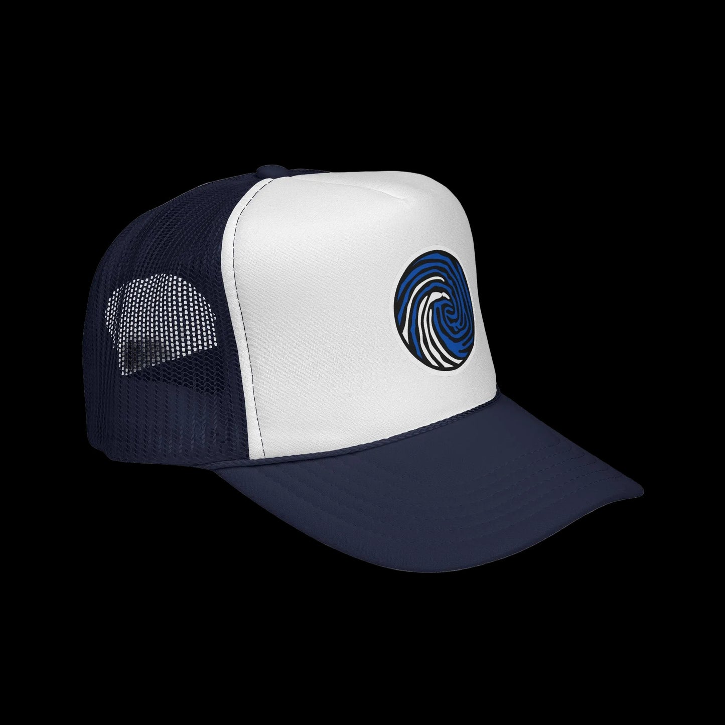 Crazy Fingers Design Wave Print Trucker Cap — Surf-Inspired Blue Swirl Patch Hat