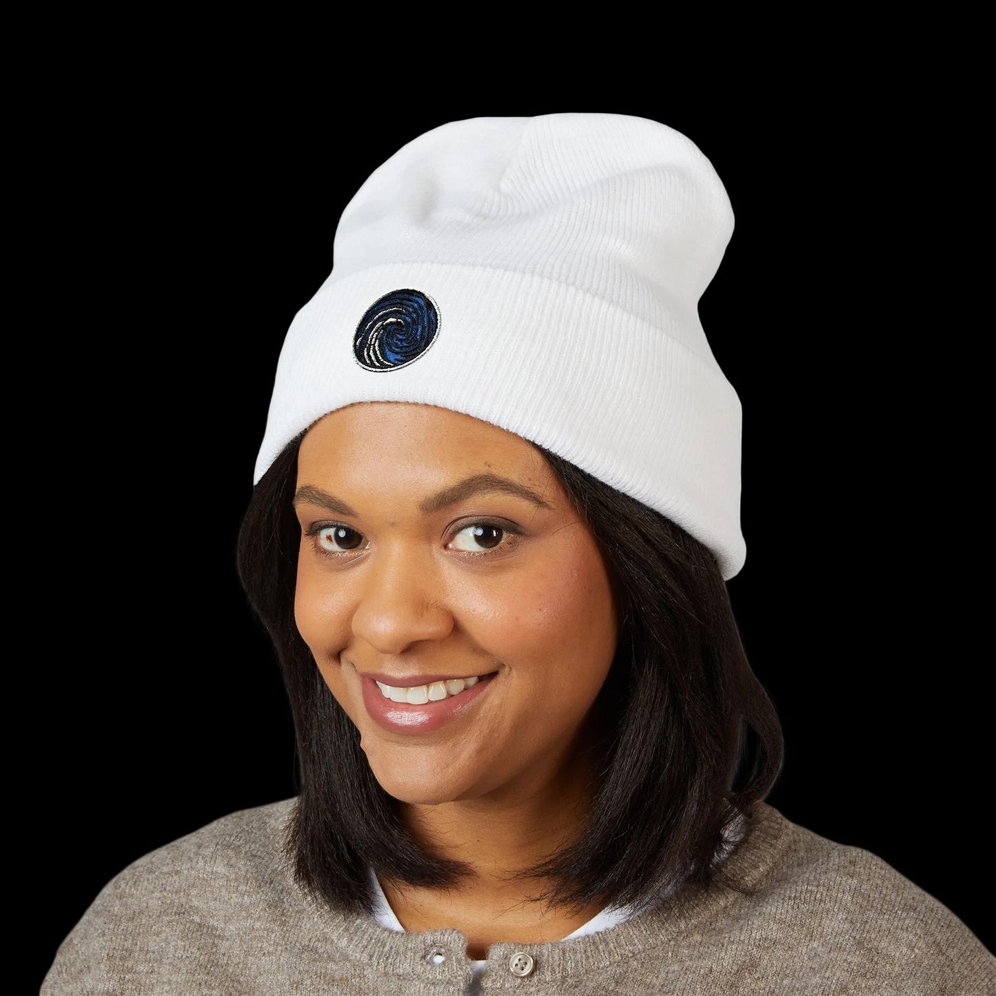 Crazy Fingers Design Brand Logo Embroidered Wave Cuffed Beanie — Minimal Ocean Logo Knit Hat