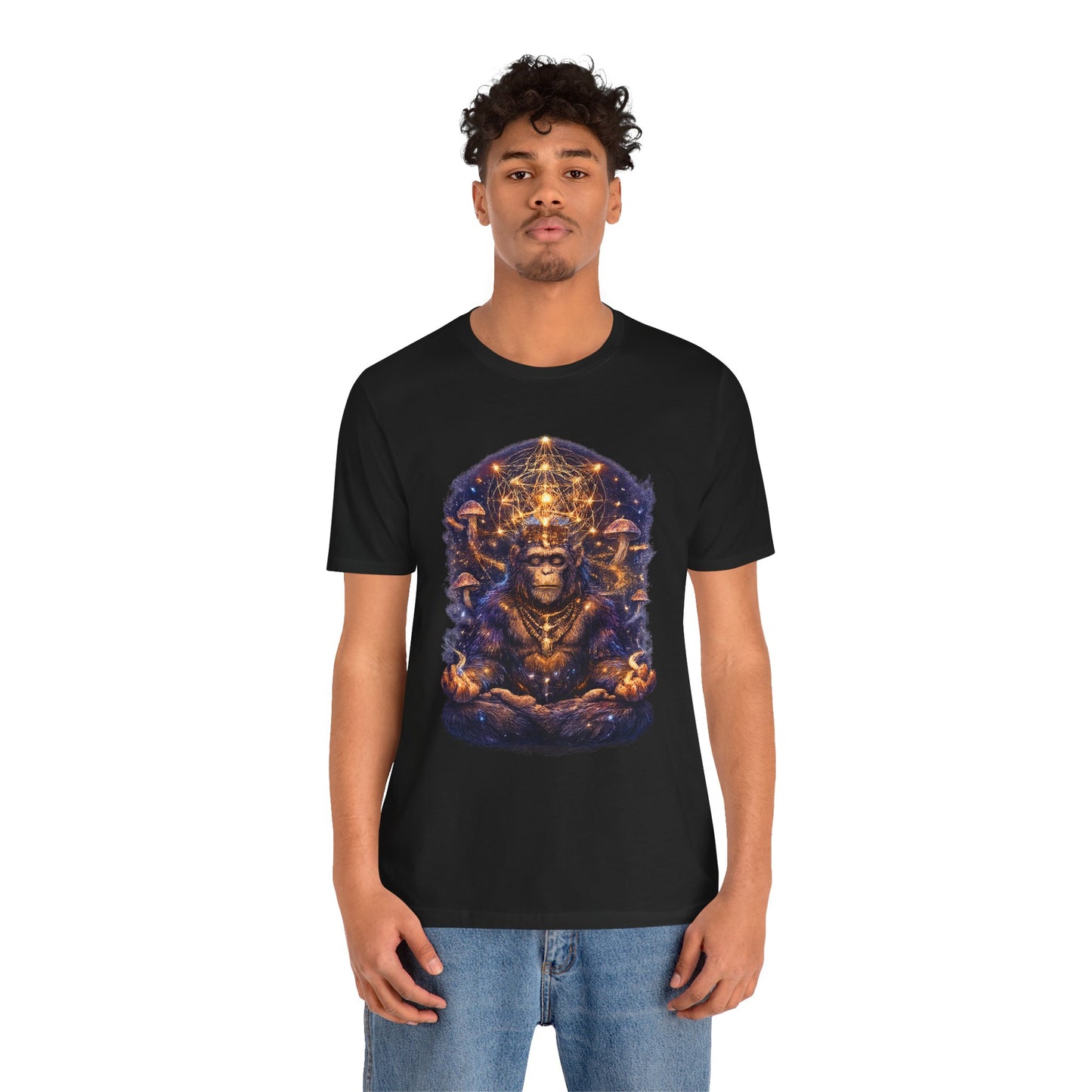 Mystical Meditating Monkey T‑Shirt — Cosmic Geometry & Mushroom Vision Art