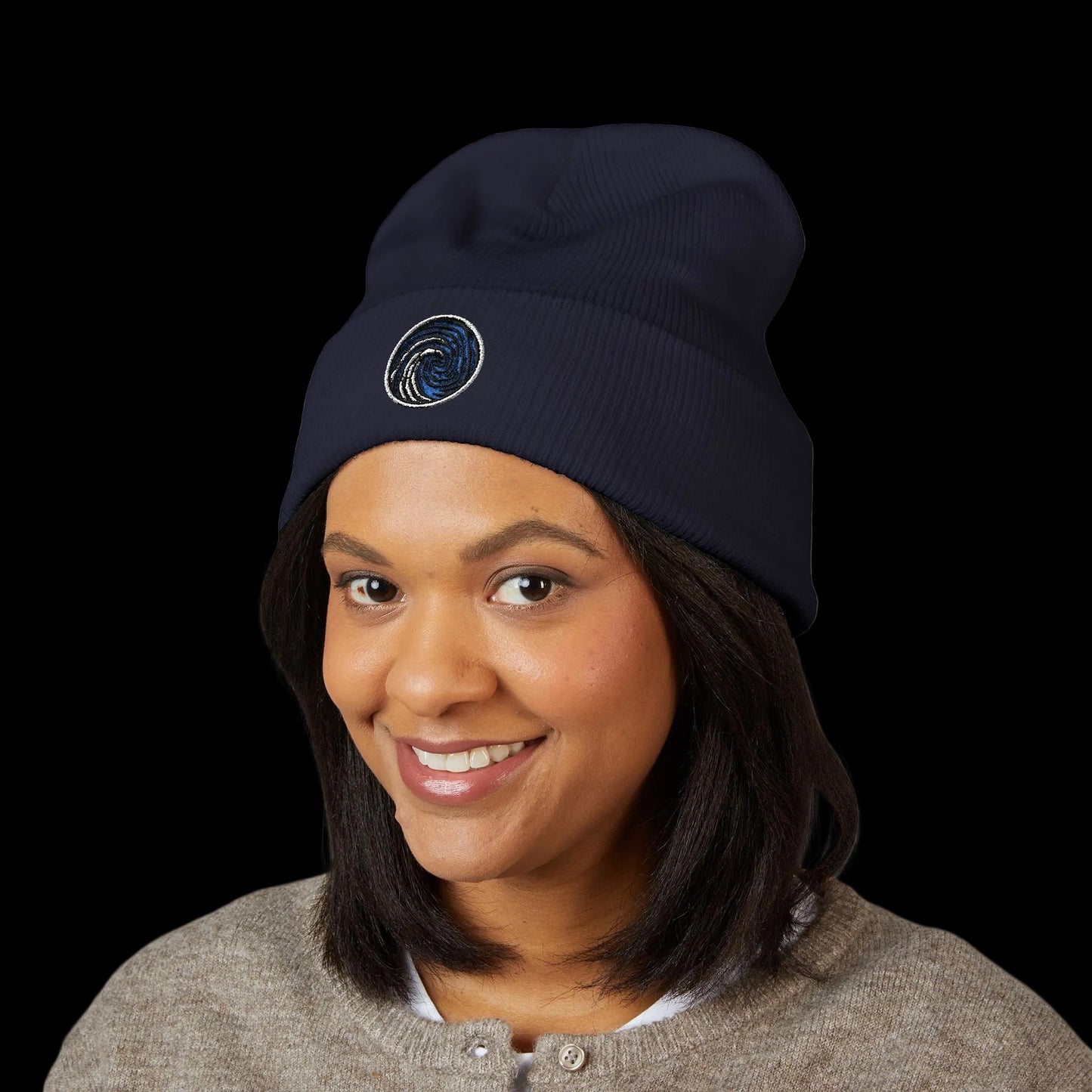 Crazy Fingers Design Brand Logo Embroidered Wave Cuffed Beanie — Minimal Ocean Logo Knit Hat