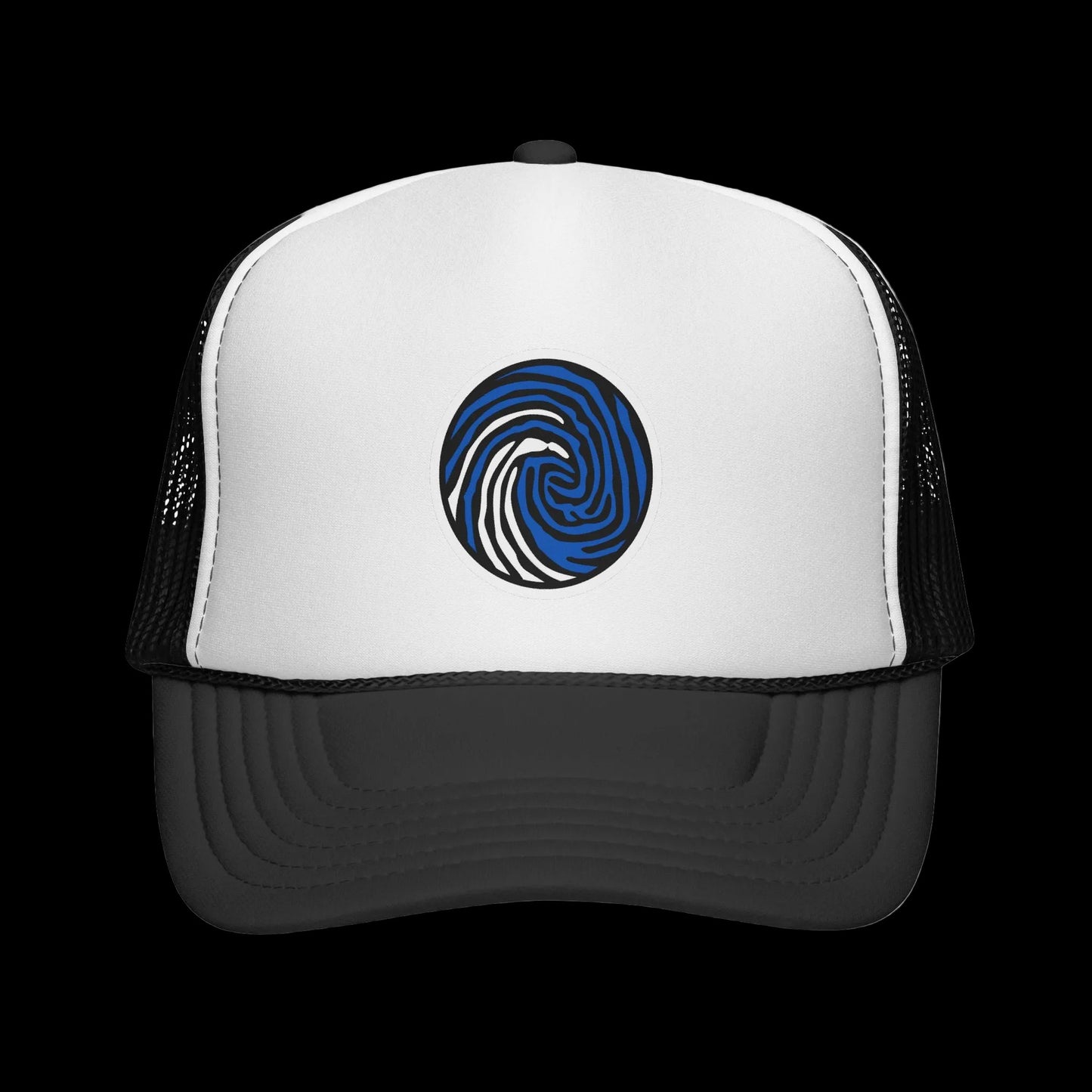 Crazy Fingers Design Wave Print Trucker Cap — Surf-Inspired Blue Swirl Patch Hat