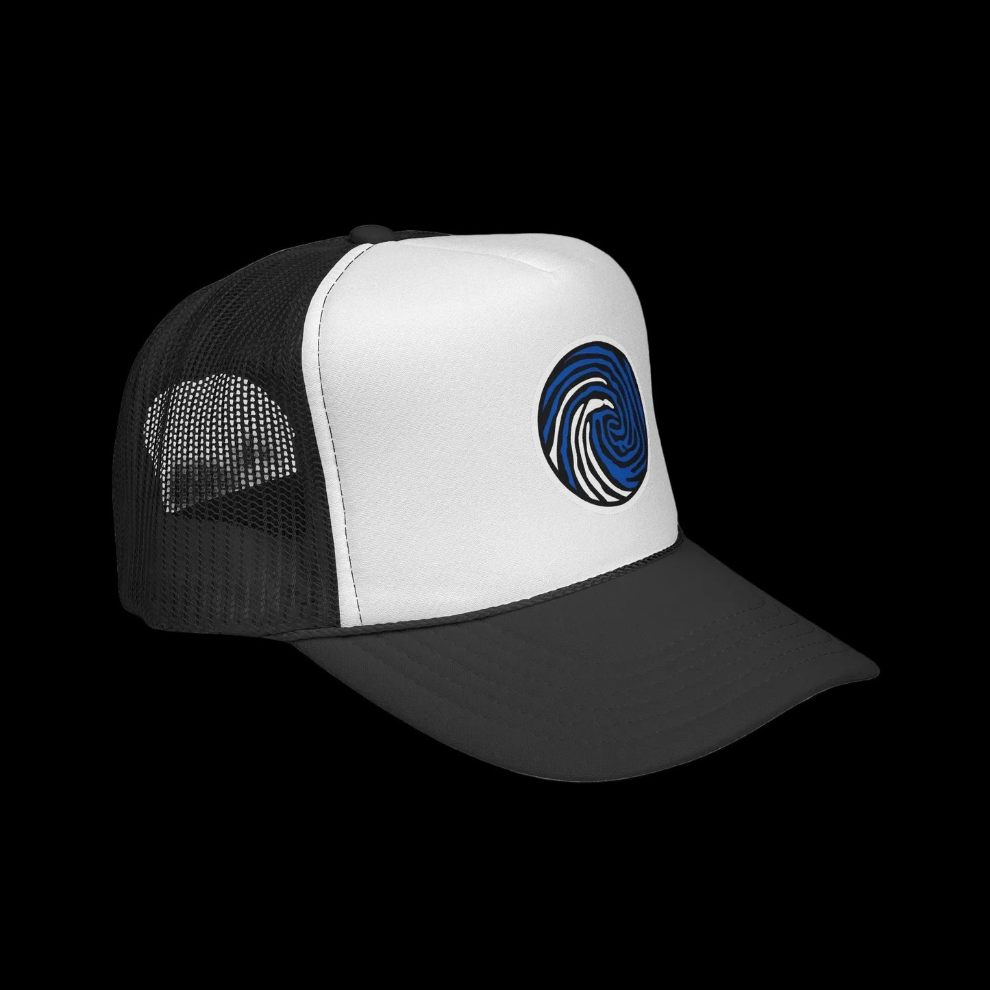 Crazy Fingers Design Wave Print Trucker Cap — Surf-Inspired Blue Swirl Patch Hat