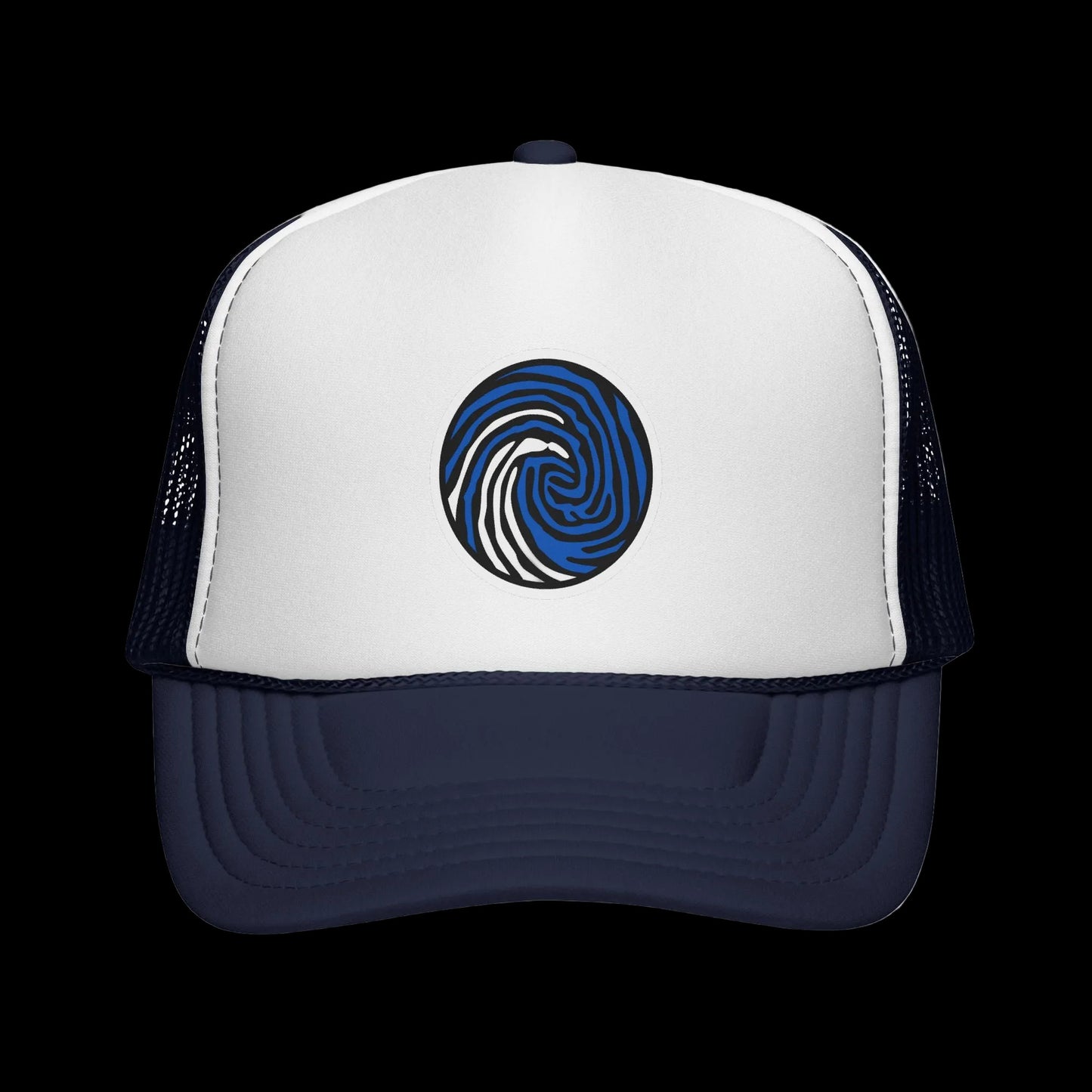 Crazy Fingers Design Wave Print Trucker Cap — Surf-Inspired Blue Swirl Patch Hat