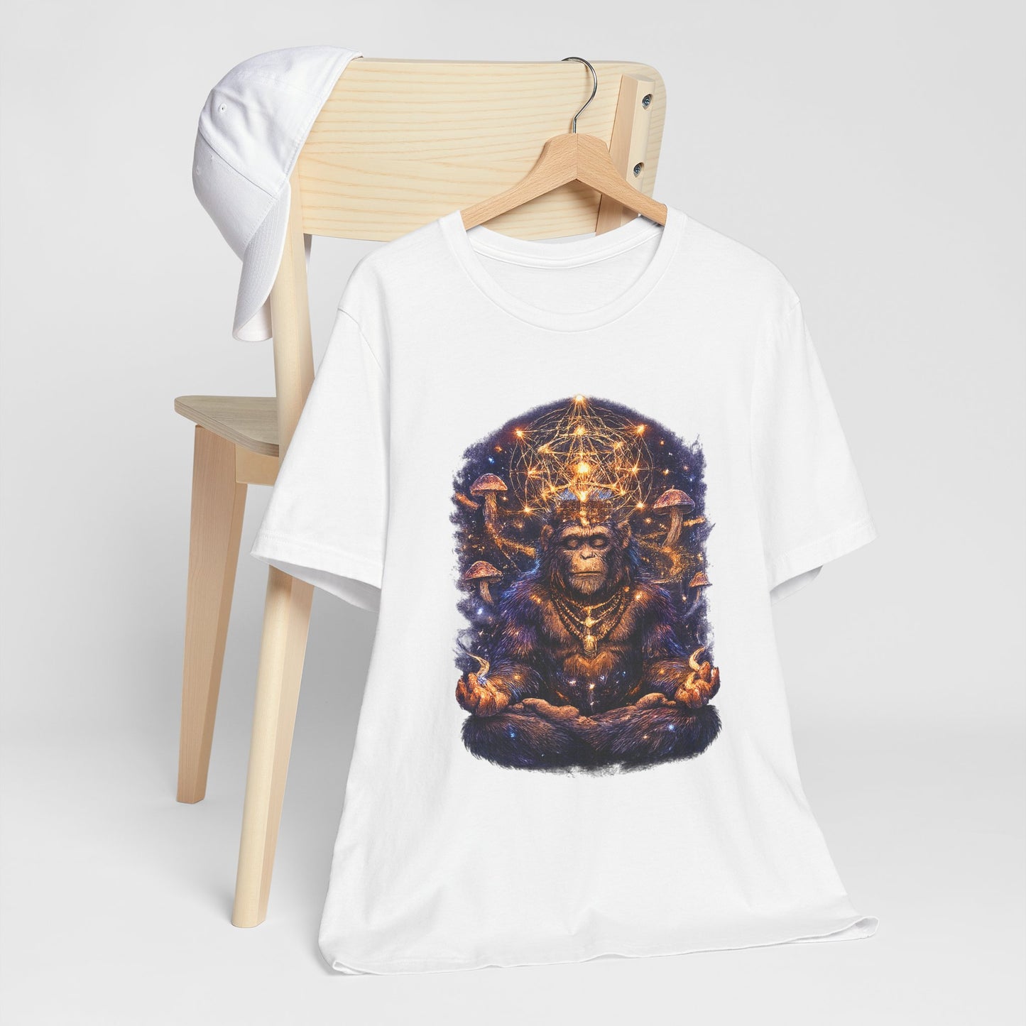 Mystical Meditating Monkey T‑Shirt — Cosmic Geometry & Mushroom Vision Art
