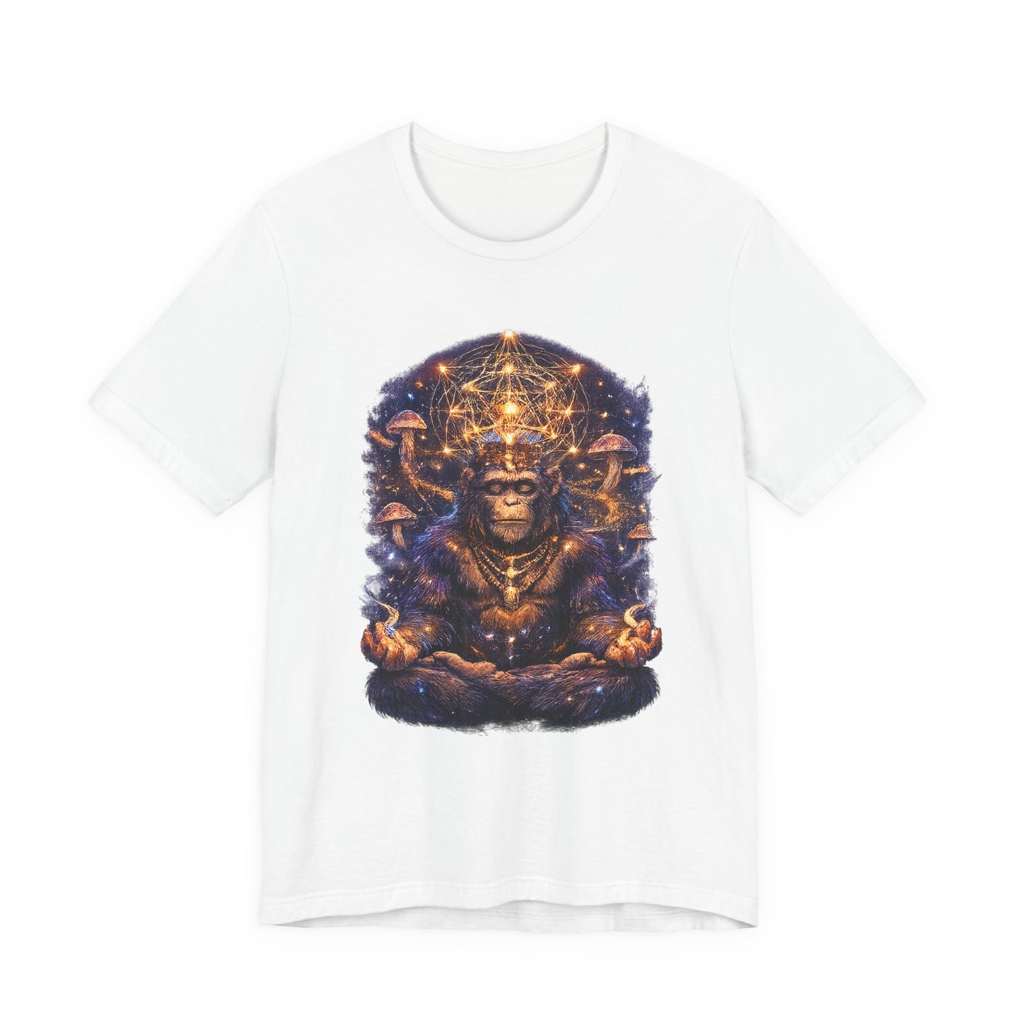 Mystical Meditating Monkey T‑Shirt — Cosmic Geometry & Mushroom Vision Art