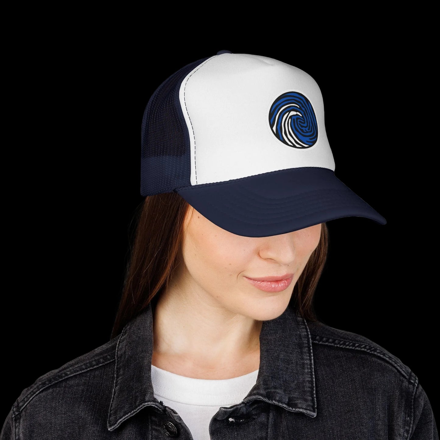 Crazy Fingers Design Wave Print Trucker Cap — Surf-Inspired Blue Swirl Patch Hat