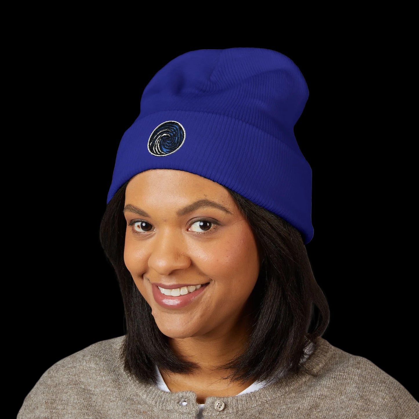Crazy Fingers Design Brand Logo Embroidered Wave Cuffed Beanie — Minimal Ocean Logo Knit Hat