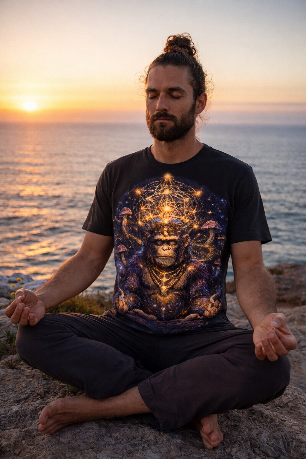 Mystical Meditating Monkey T‑Shirt — Cosmic Geometry & Mushroom Vision Art