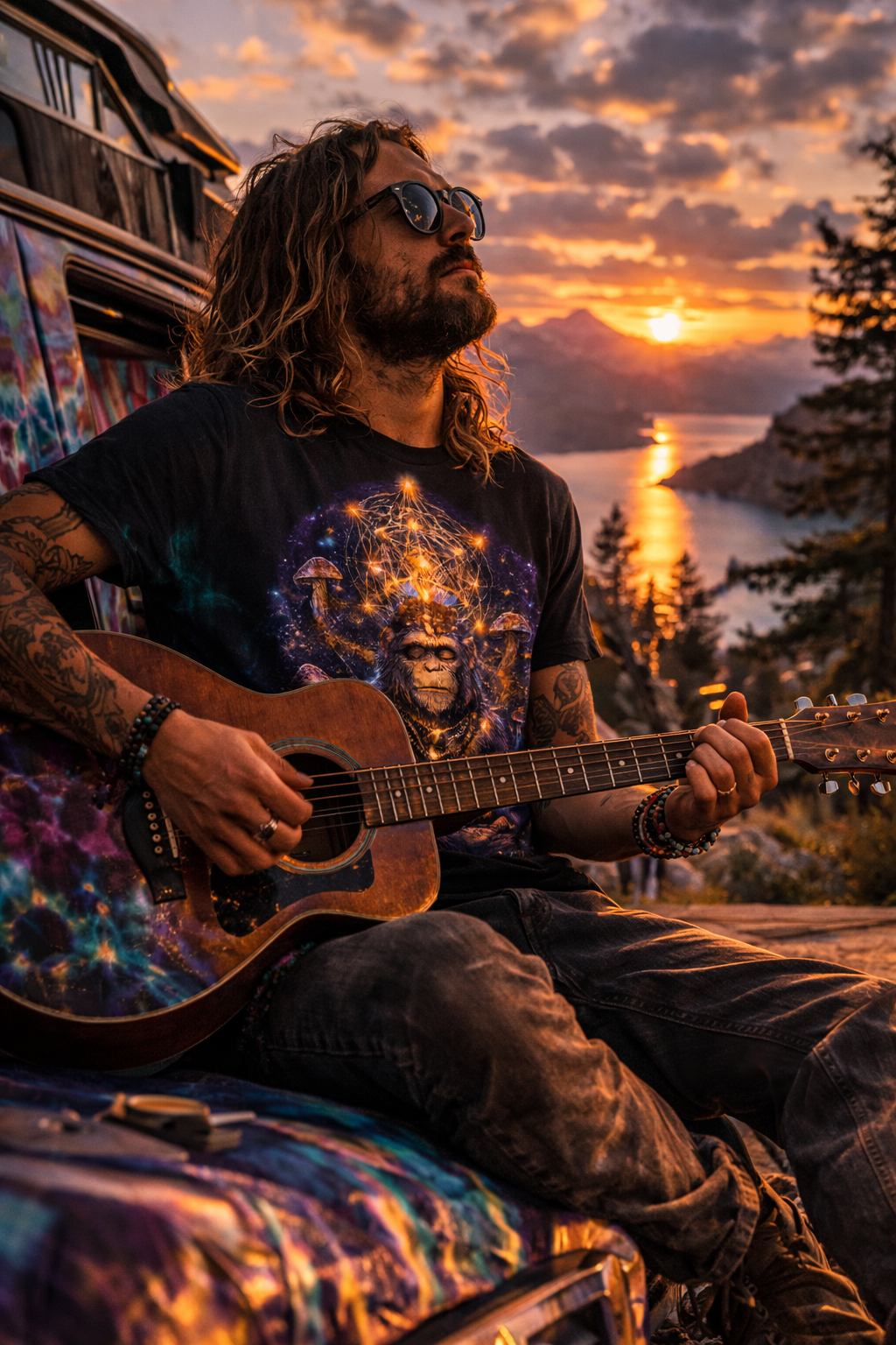 Mystical Meditating Monkey T‑Shirt — Cosmic Geometry & Mushroom Vision Art