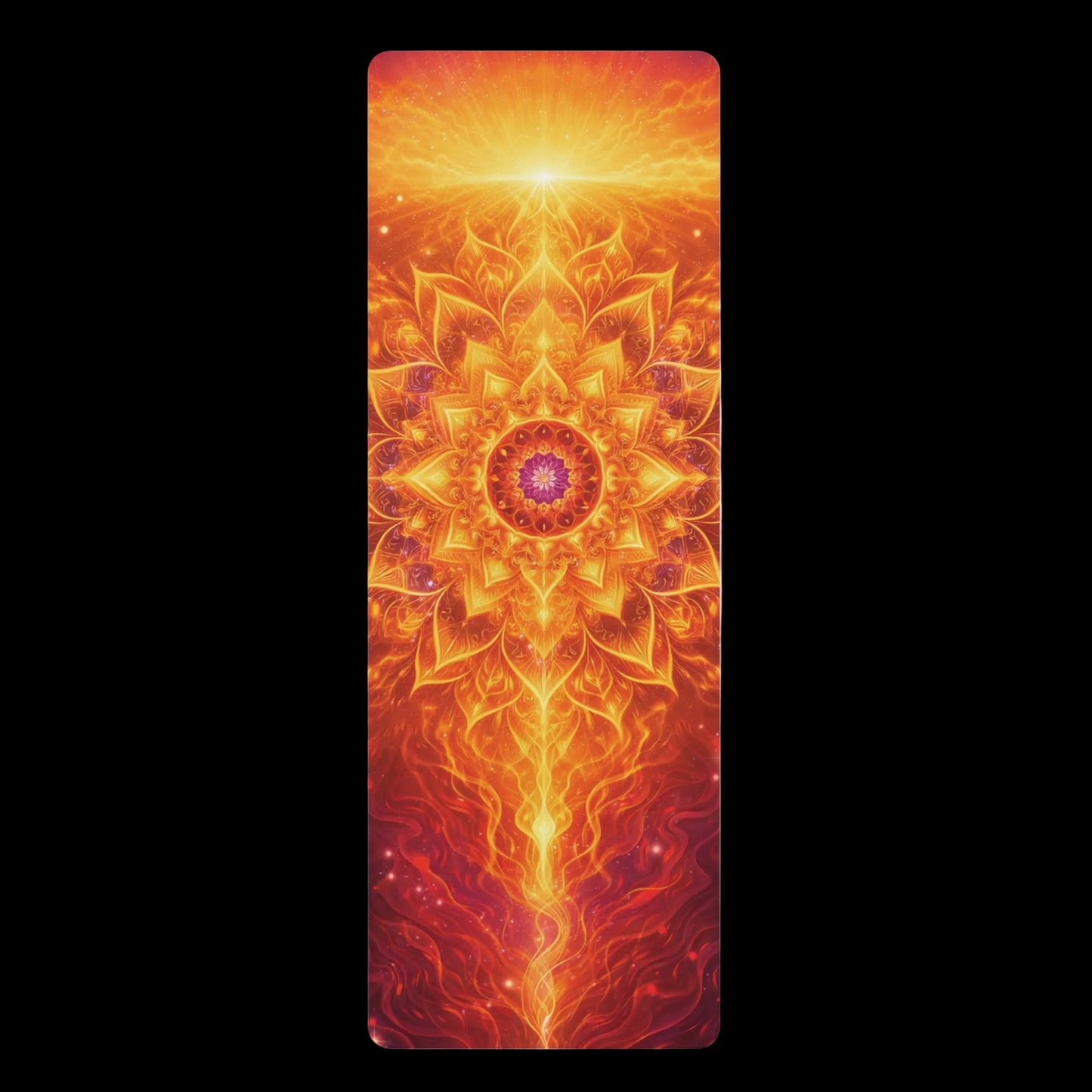 Yoga mat with a vibrant, fiery mandala design on a white background