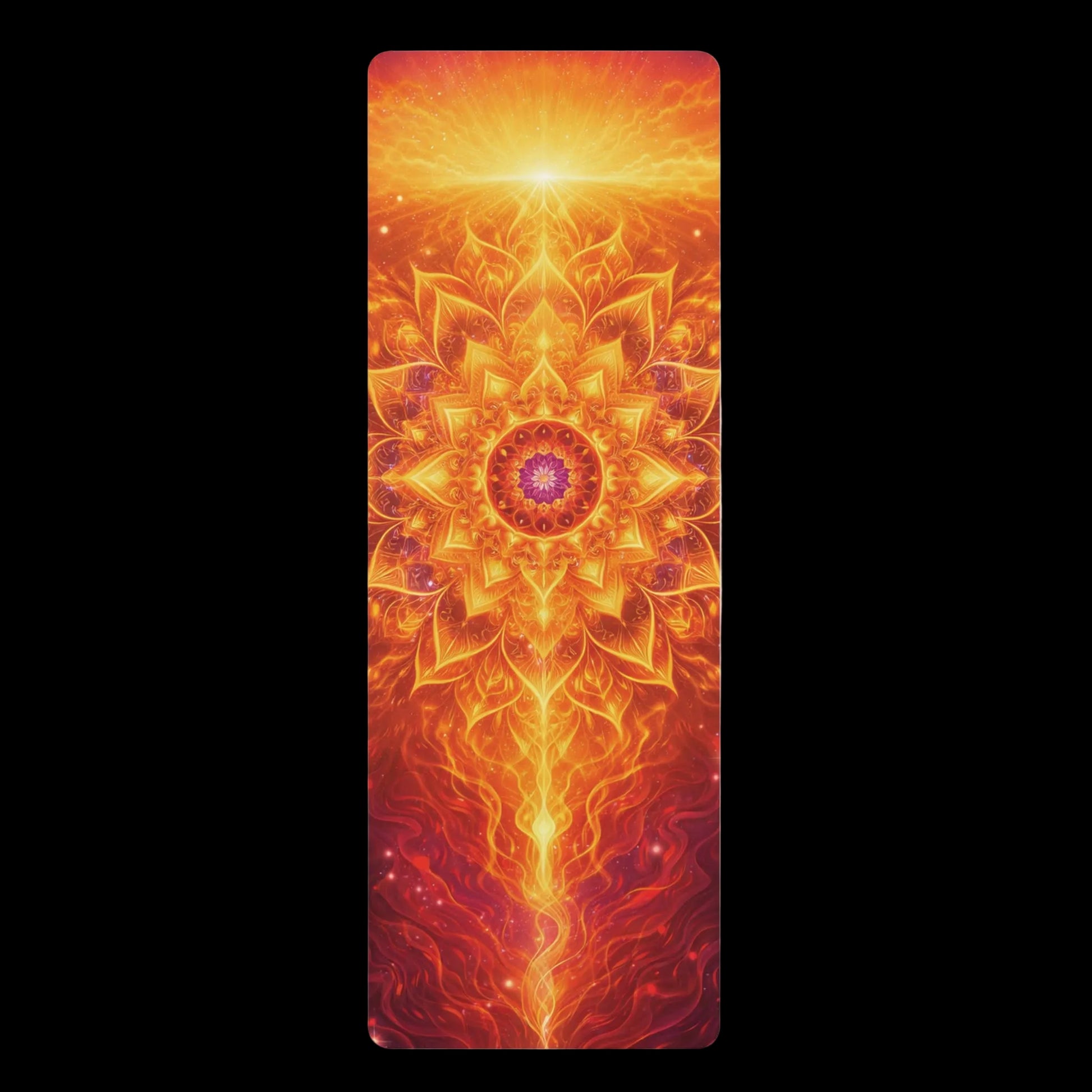 Yoga mat with a vibrant, fiery mandala design on a white background