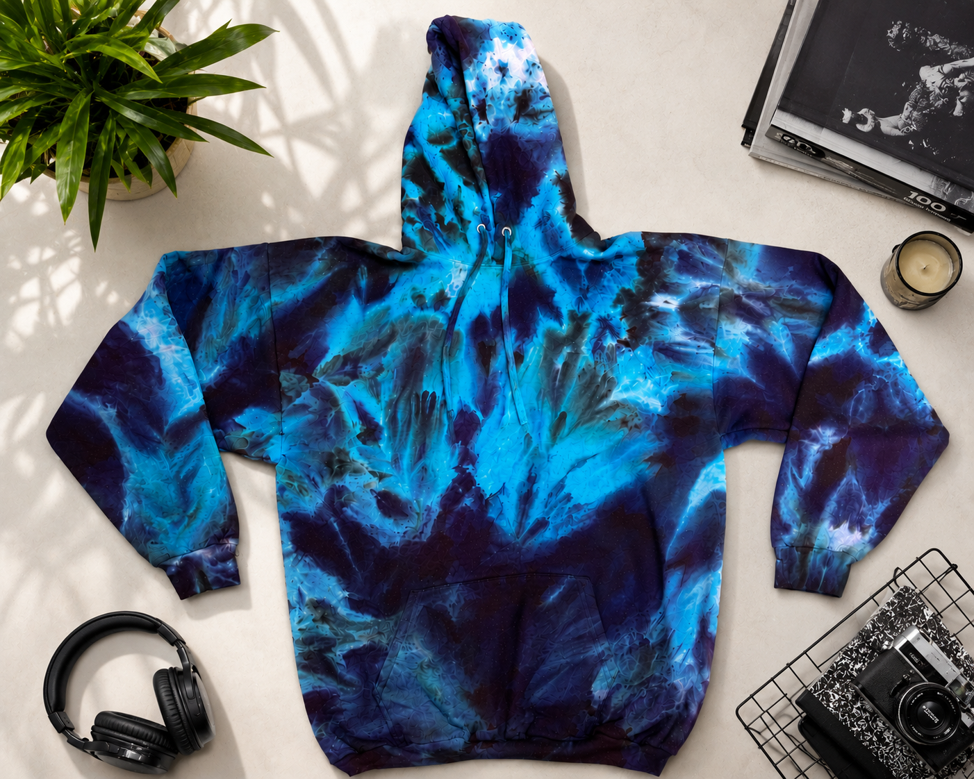 Blue Nebula Tie Dye Hoodie – XL Hand Dyed Heavyweight Pullover