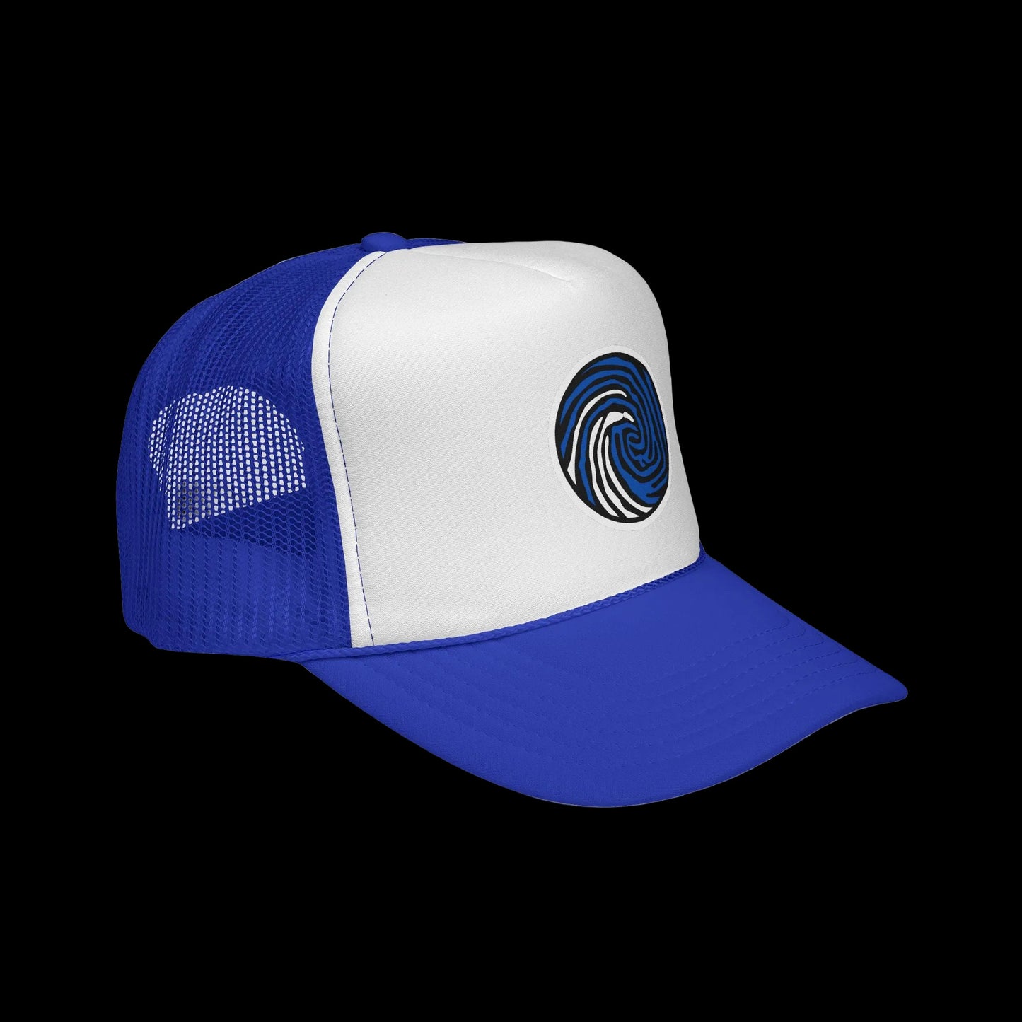 Crazy Fingers Design Wave Print Trucker Cap — Surf-Inspired Blue Swirl Patch Hat