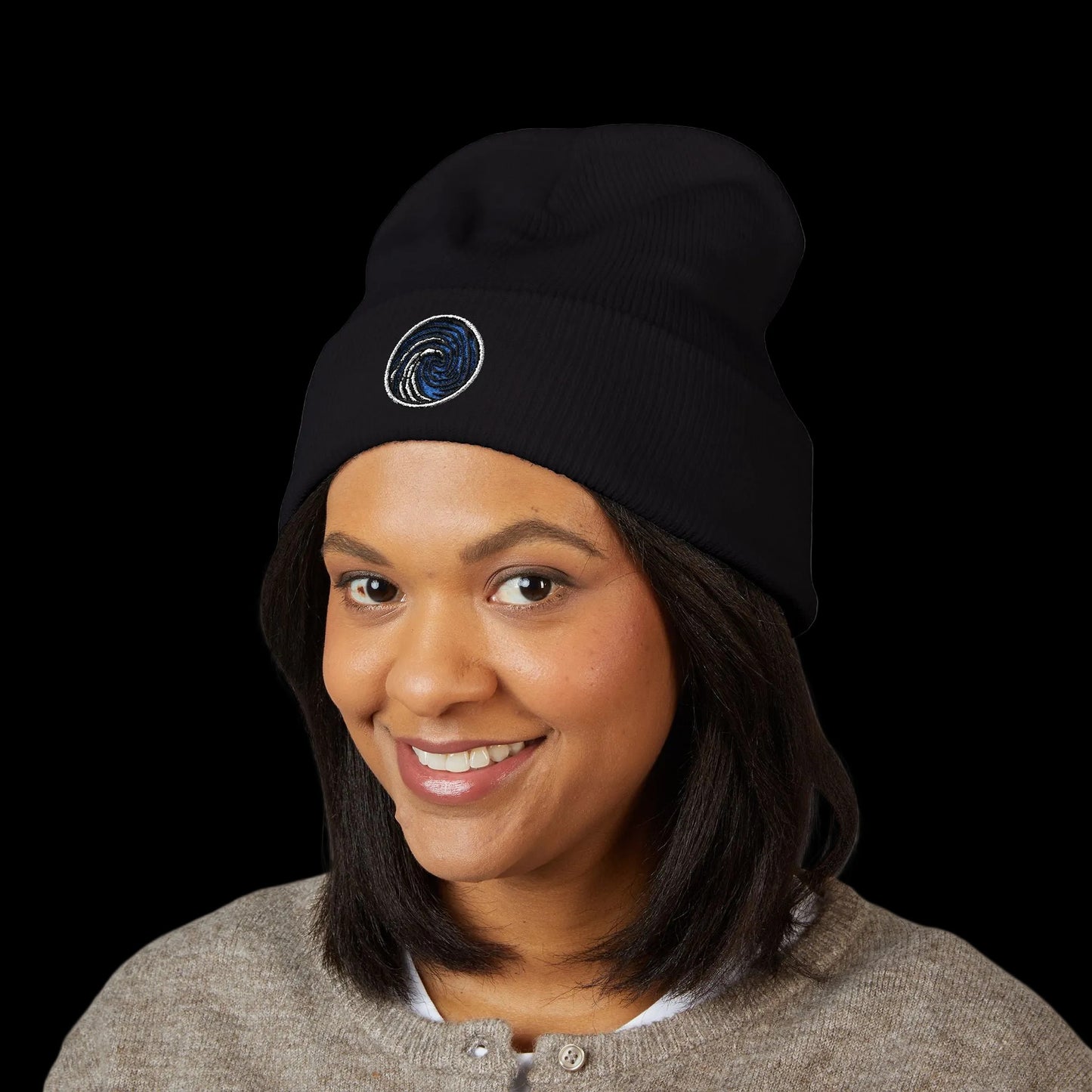Crazy Fingers Design Brand Logo Embroidered Wave Cuffed Beanie — Minimal Ocean Logo Knit Hat