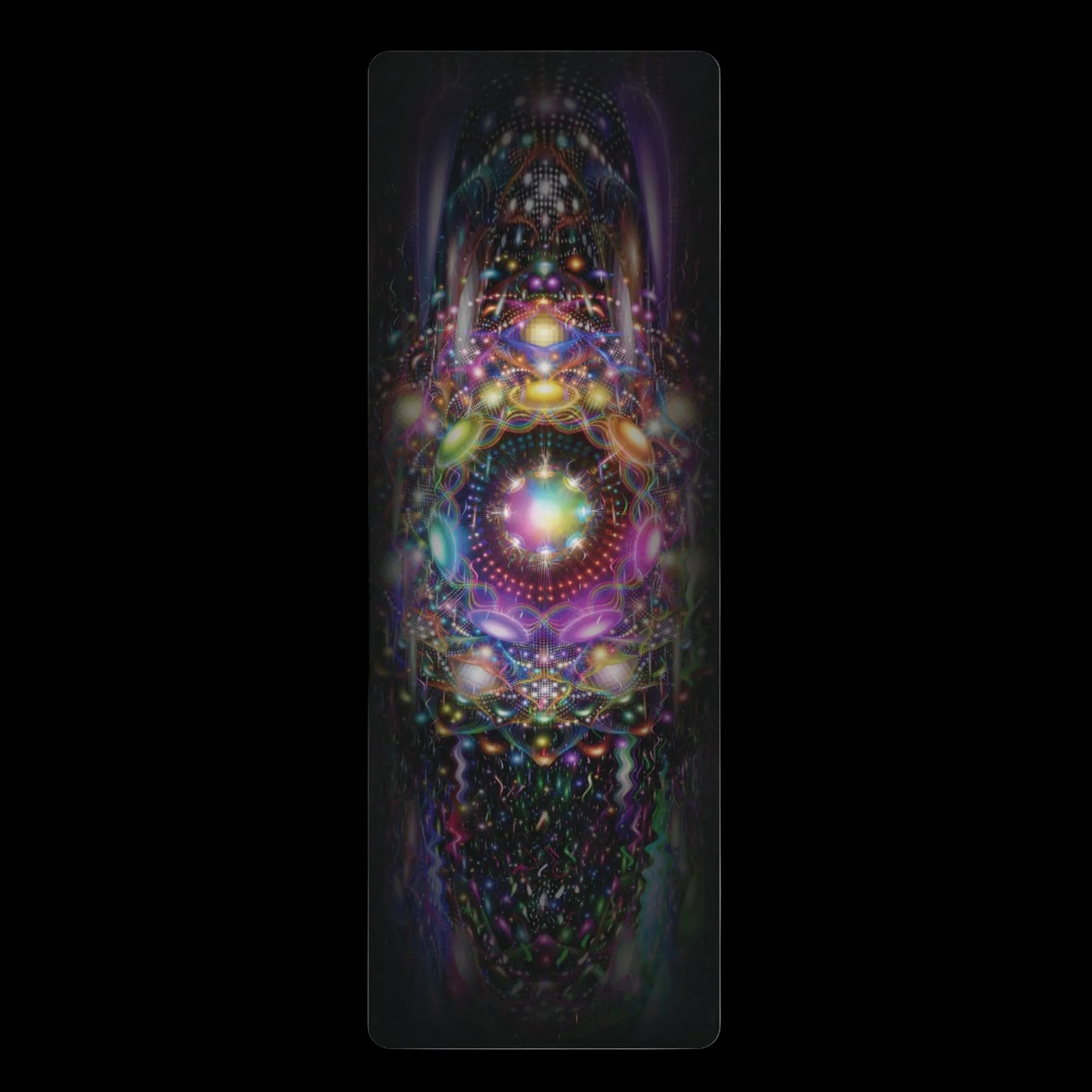 Yoga mat with a colorful, abstract design on a white background