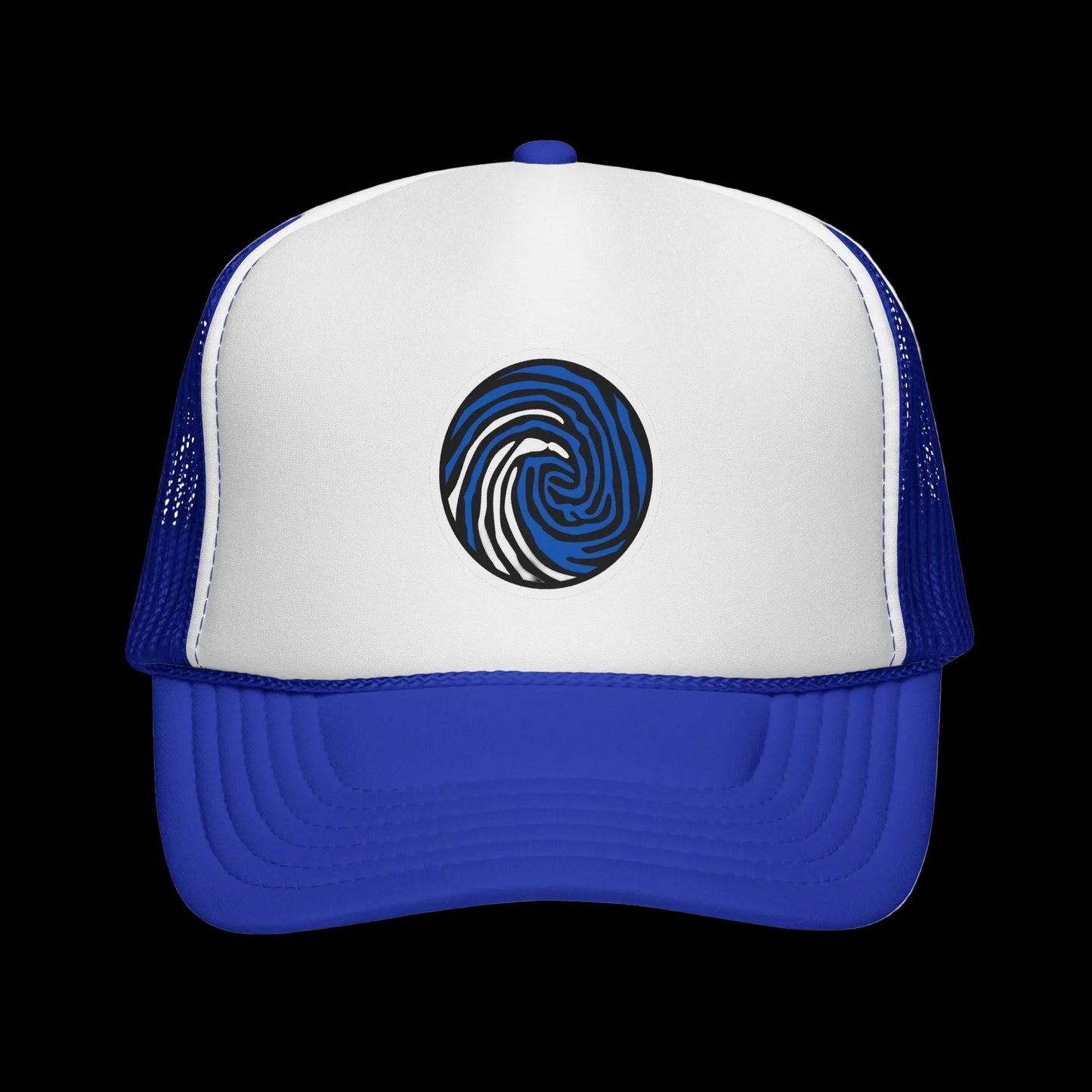 Crazy Fingers Design Wave Print Trucker Cap — Surf-Inspired Blue Swirl Patch Hat