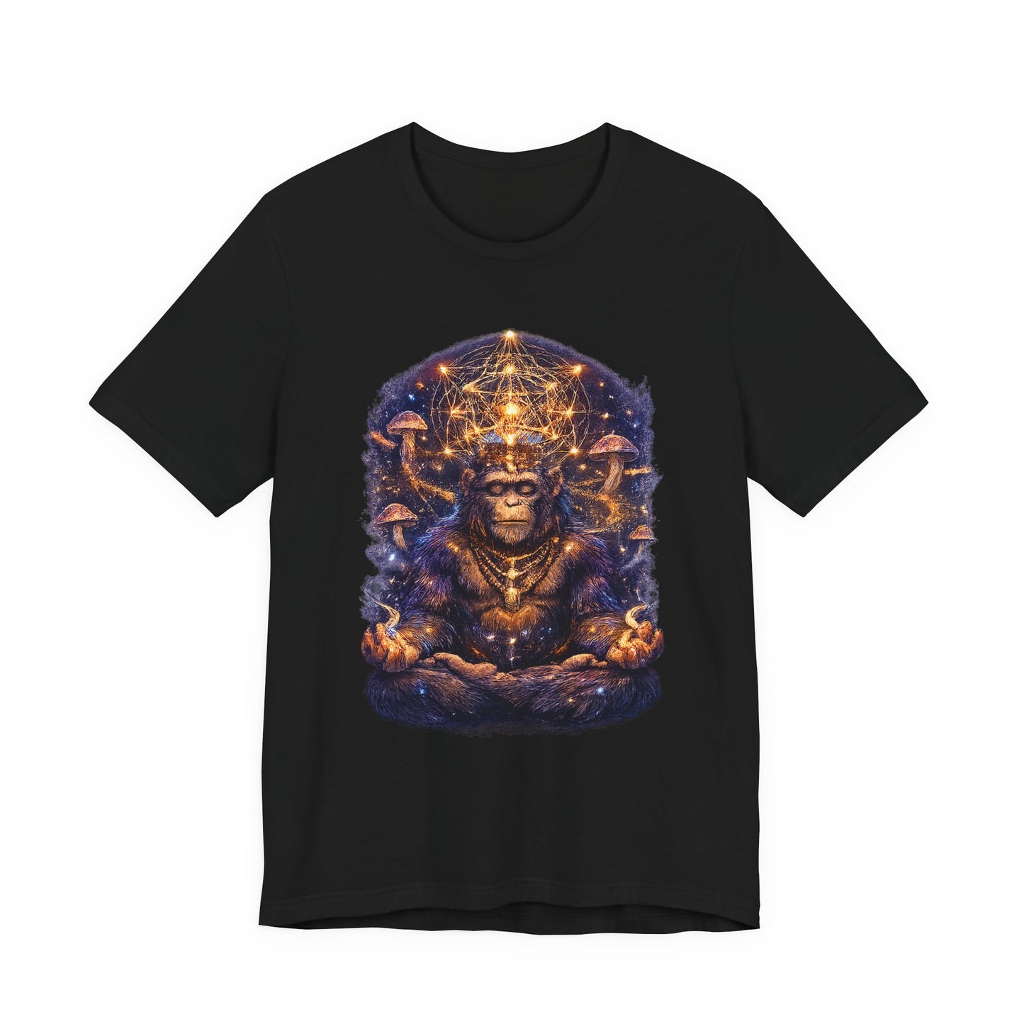 Mystical Meditating Monkey T‑Shirt — Cosmic Geometry & Mushroom Vision Art