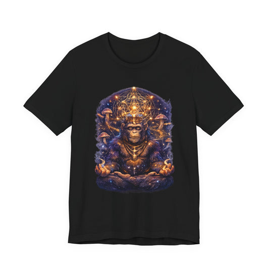 Mystical Meditating Monkey T‑Shirt — Cosmic Geometry & Mushroom Vision Art