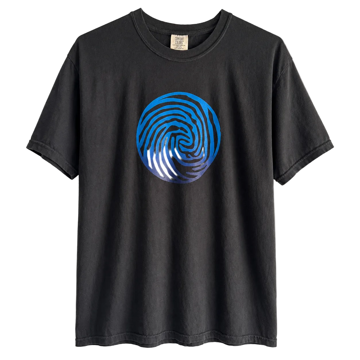 A black short-sleeve crewneck t-shirt featuring a blue spiral fingerprint graphic printed on the center chest, displayed against a solid white background.