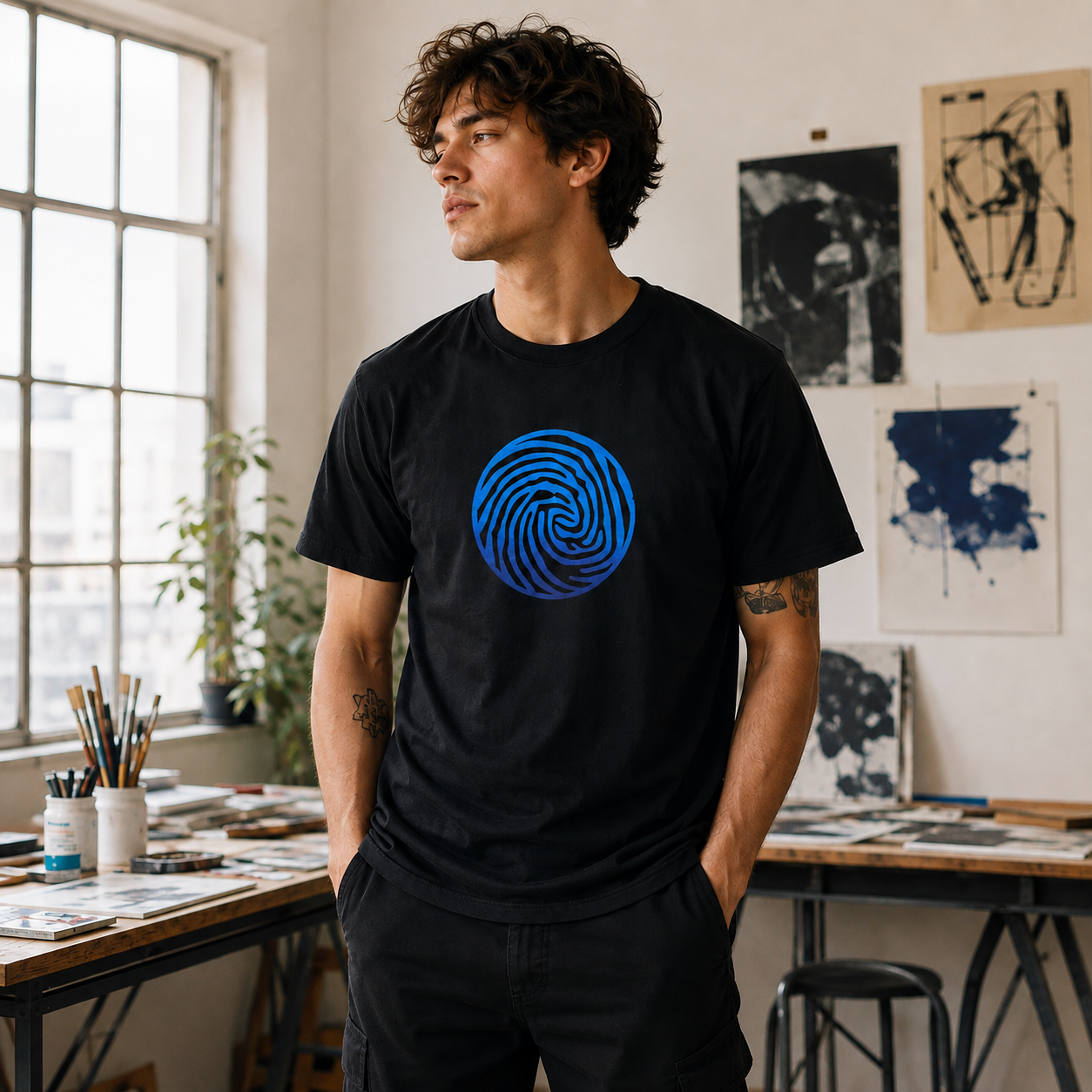 A man wearing a black t-shirt with a blue spiral graphic, standing in a bright, modern art studio.