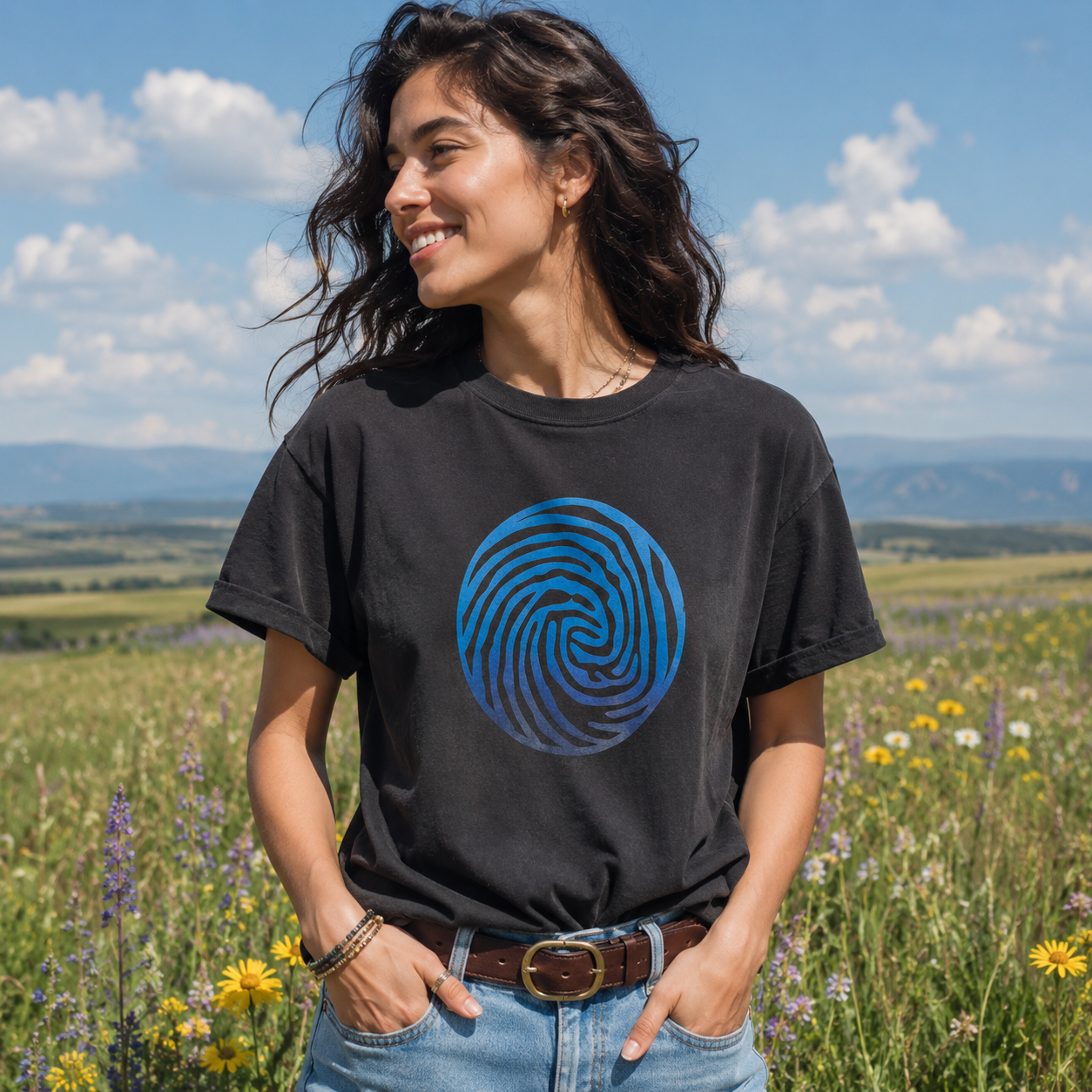 A woman standing in a sunny meadow wearing a faded black t-shirt with a blue spiral graphic on the front, paired with light blue jeans.