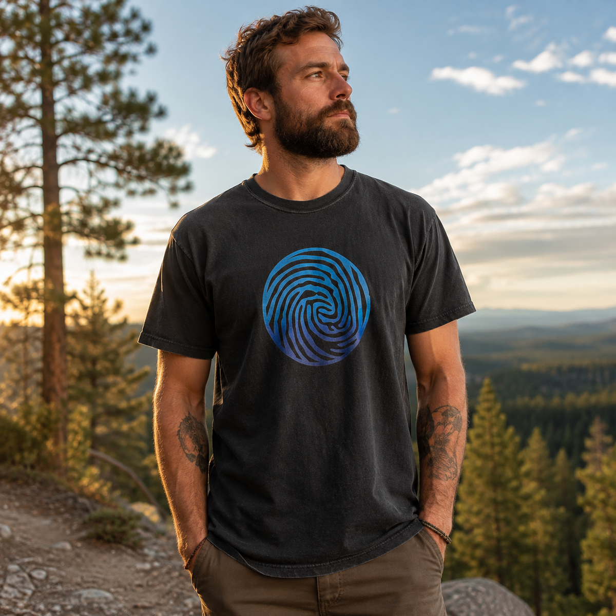 A bearded man wearing a dark charcoal gray t-shirt with a blue spiral graphic on the chest, standing outdoors in a scenic mountain forest setting at sunset.