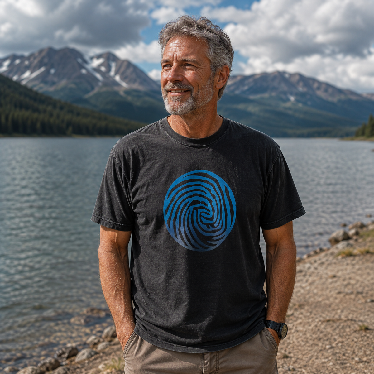 A man standing outdoors by a lake with mountains in the background, wearing a dark charcoal T-shirt with a blue spiral graphic on the chest and khaki pants.