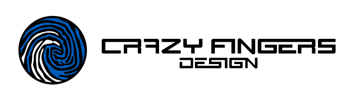 Blue and black psychedelic spiral logo with “Crazy Fingers Design” text in a clean modern font on a light background.