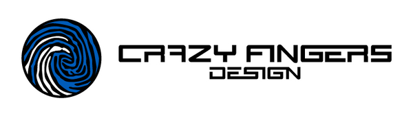 Blue and black psychedelic spiral logo with “Crazy Fingers Design” text in a clean modern font on a light background.
