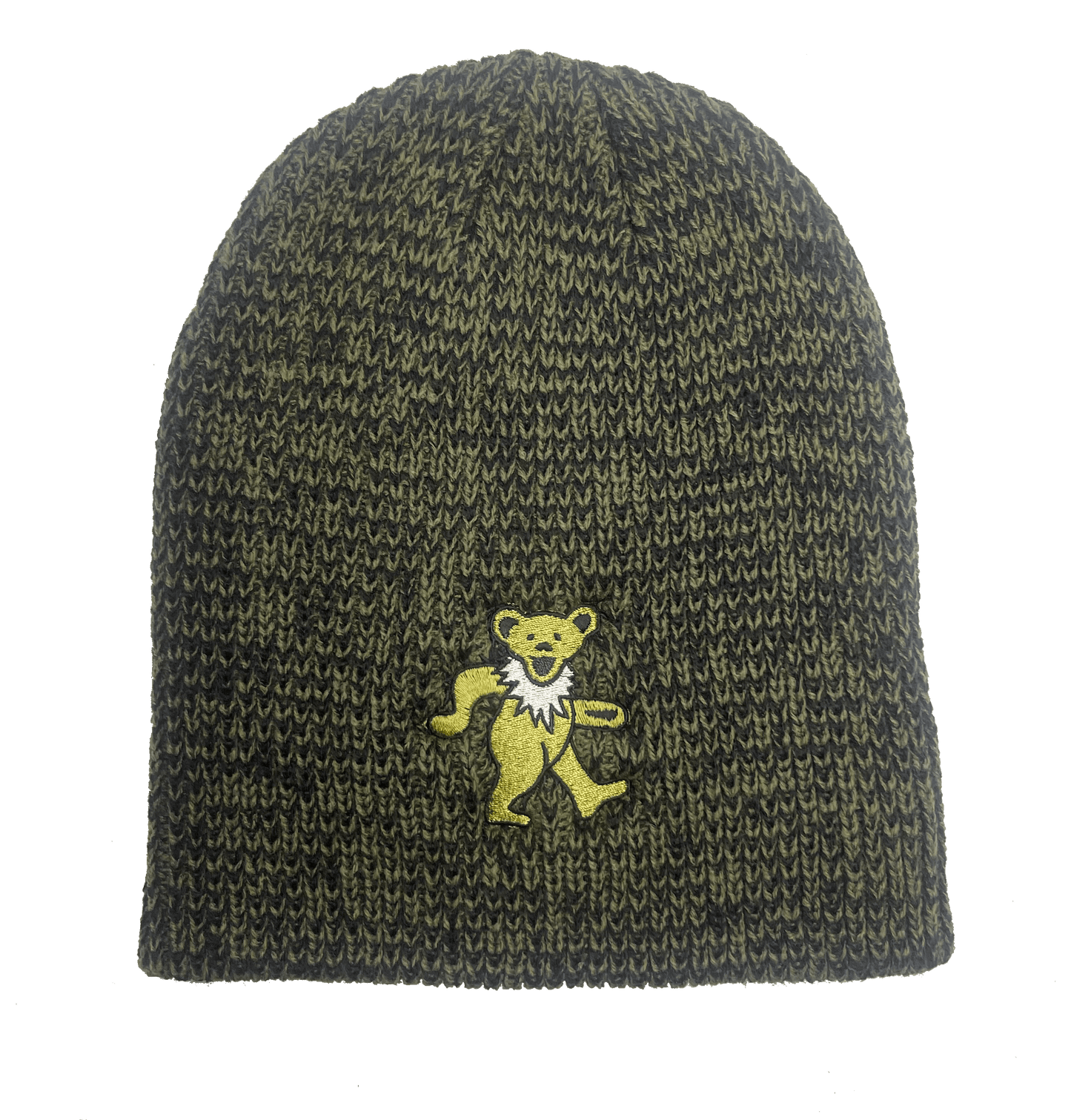 A green ribbed marble beanie with an embroidered dancing bear logo on the front.