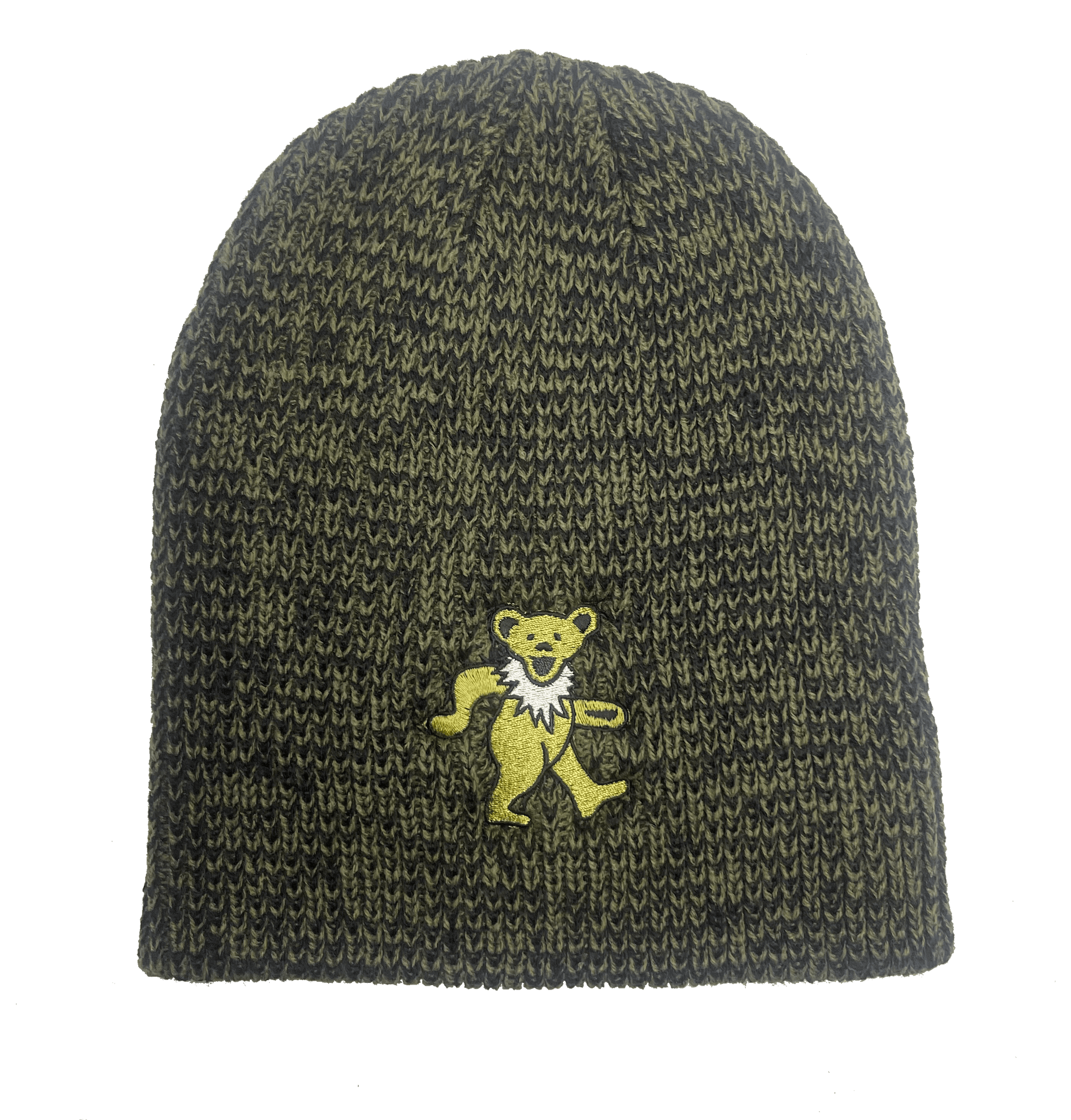 A green ribbed marble beanie with an embroidered dancing bear logo on the front.