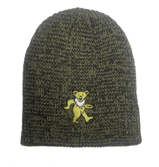A green ribbed marble beanie with an embroidered dancing bear logo on the front.
