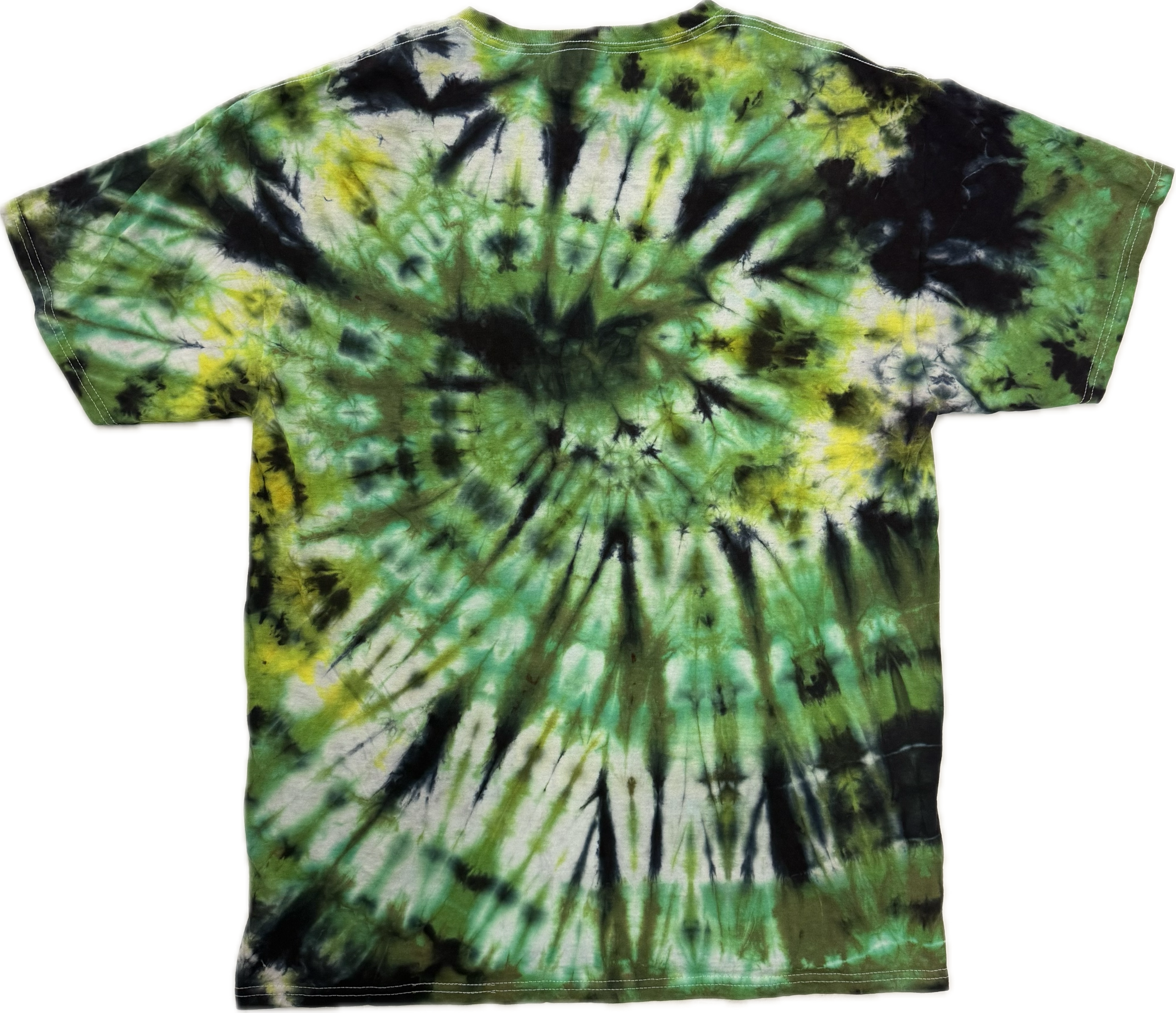 Tie-dye t-shirt with green, black, and yellow spiral pattern on a white background