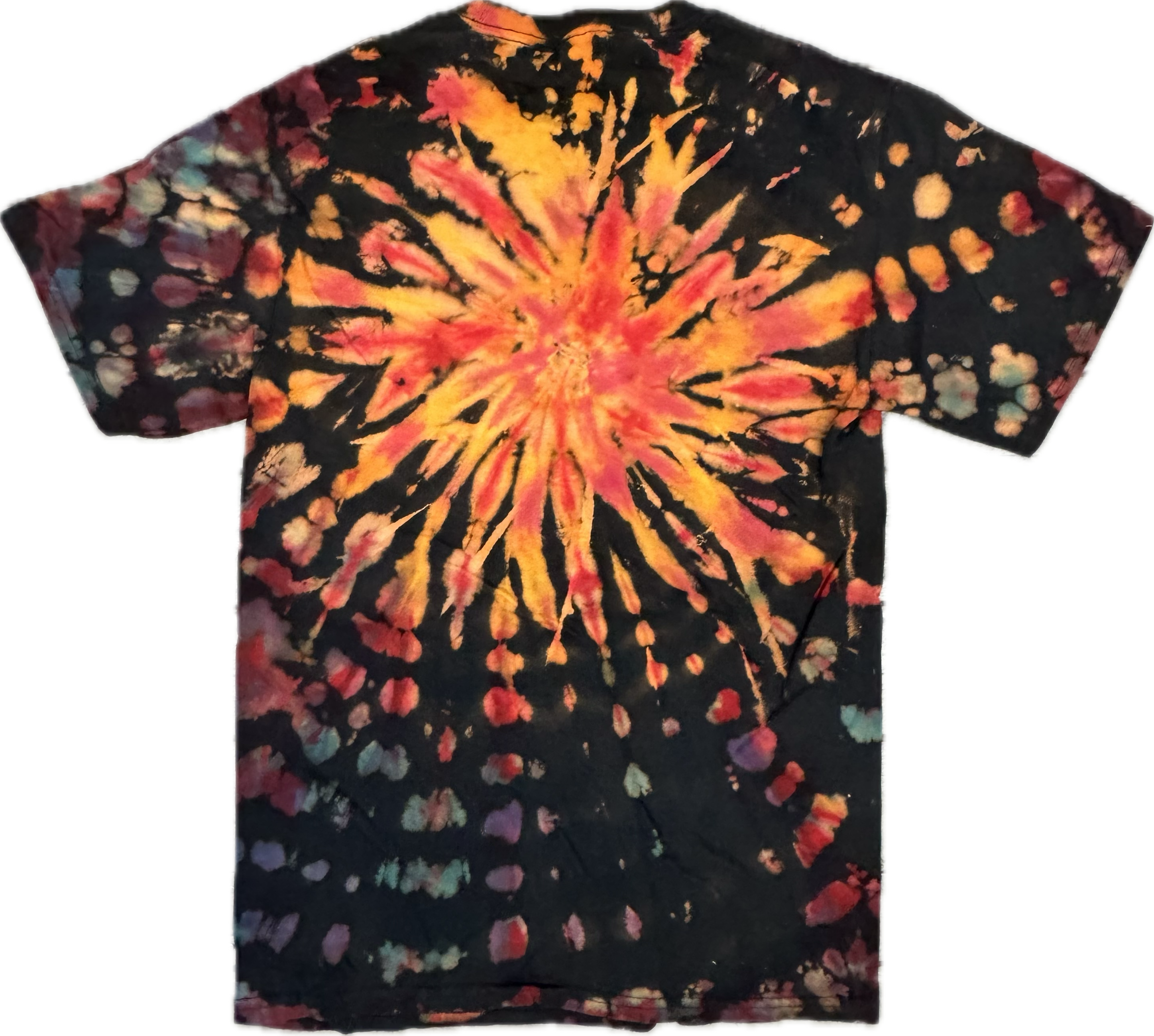✨ A bold shirt for a bold personality—your tie-dye is truly one of a kind. Handmade Spiral Tie-Dye T-Shirt – Small (Red, Gold & Black Burst)