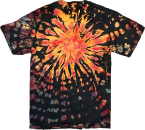 ✨ A bold shirt for a bold personality—your tie-dye is truly one of a kind. Handmade Spiral Tie-Dye T-Shirt – Small (Red, Gold & Black Burst)