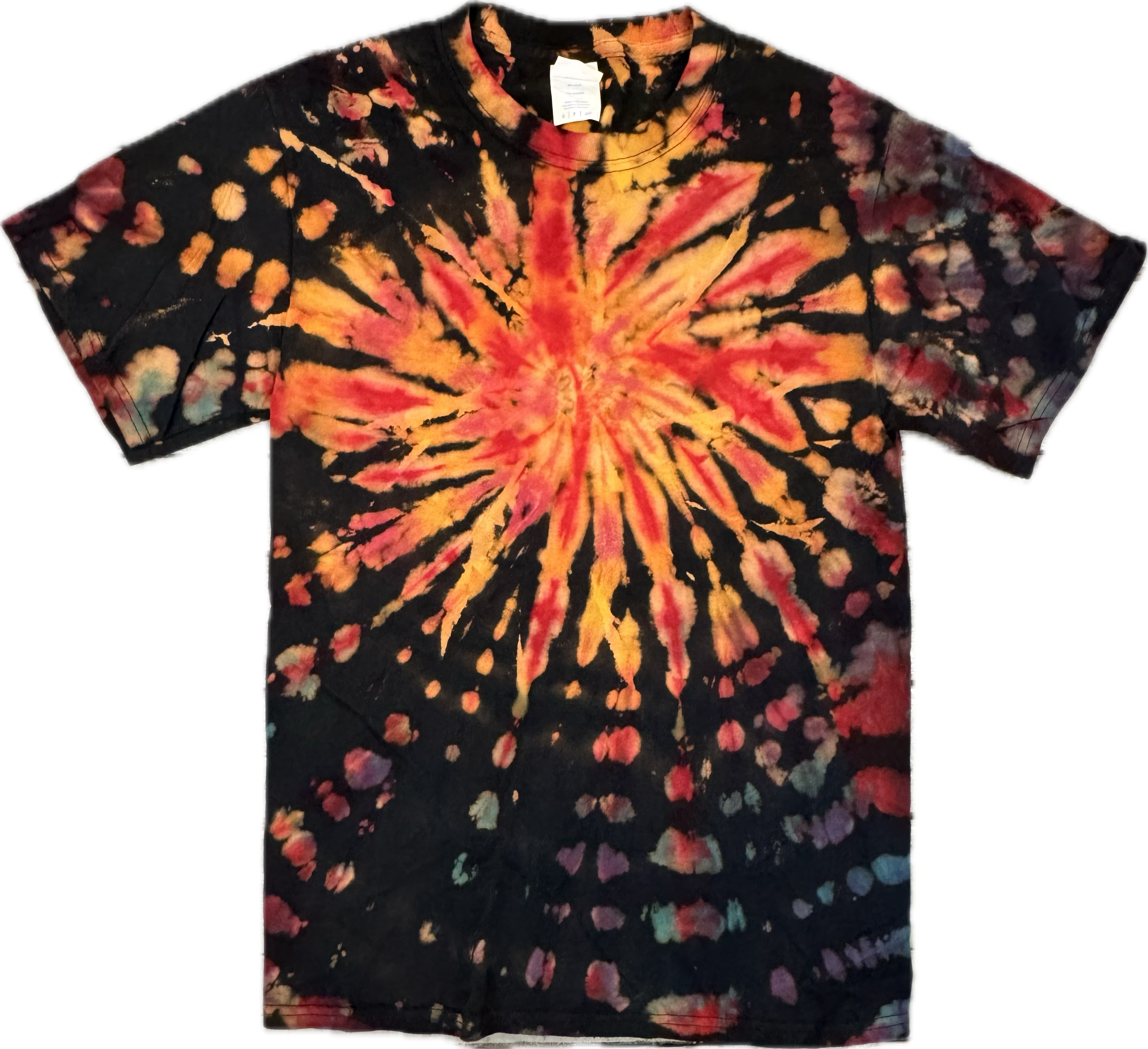 ✨ A bold shirt for a bold personality—your tie-dye is truly one of a kind. Handmade Spiral Tie-Dye T-Shirt – Small (Red, Gold & Black Burst)