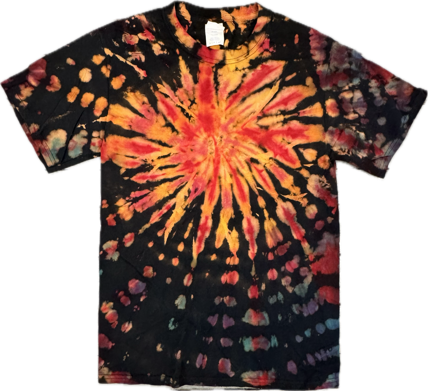 ✨ A bold shirt for a bold personality—your tie-dye is truly one of a kind. Handmade Spiral Tie-Dye T-Shirt – Small (Red, Gold & Black Burst)