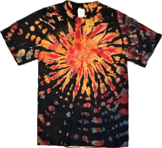 ✨ A bold shirt for a bold personality—your tie-dye is truly one of a kind. Handmade Spiral Tie-Dye T-Shirt – Small (Red, Gold & Black Burst)