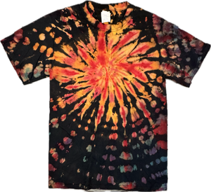 ✨ A bold shirt for a bold personality—your tie-dye is truly one of a kind. Handmade Spiral Tie-Dye T-Shirt – Small (Red, Gold & Black Burst)