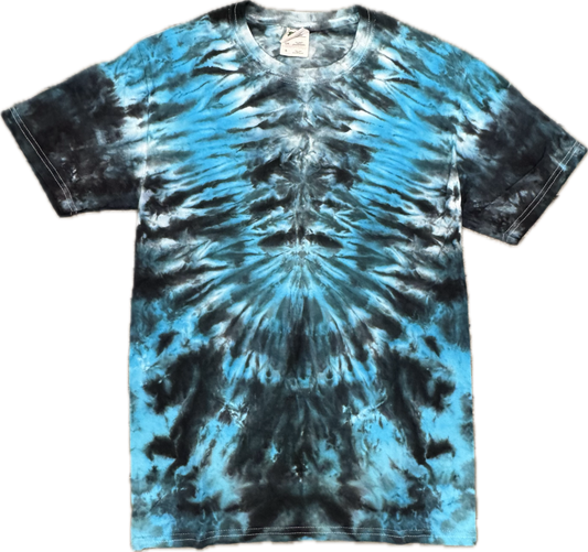 🌊 "Dive into bold style with this one-of-a-kind tie-dye tee." Handmade Tie-Dye T-Shirt – Adult Small (Blue & Black Burst)