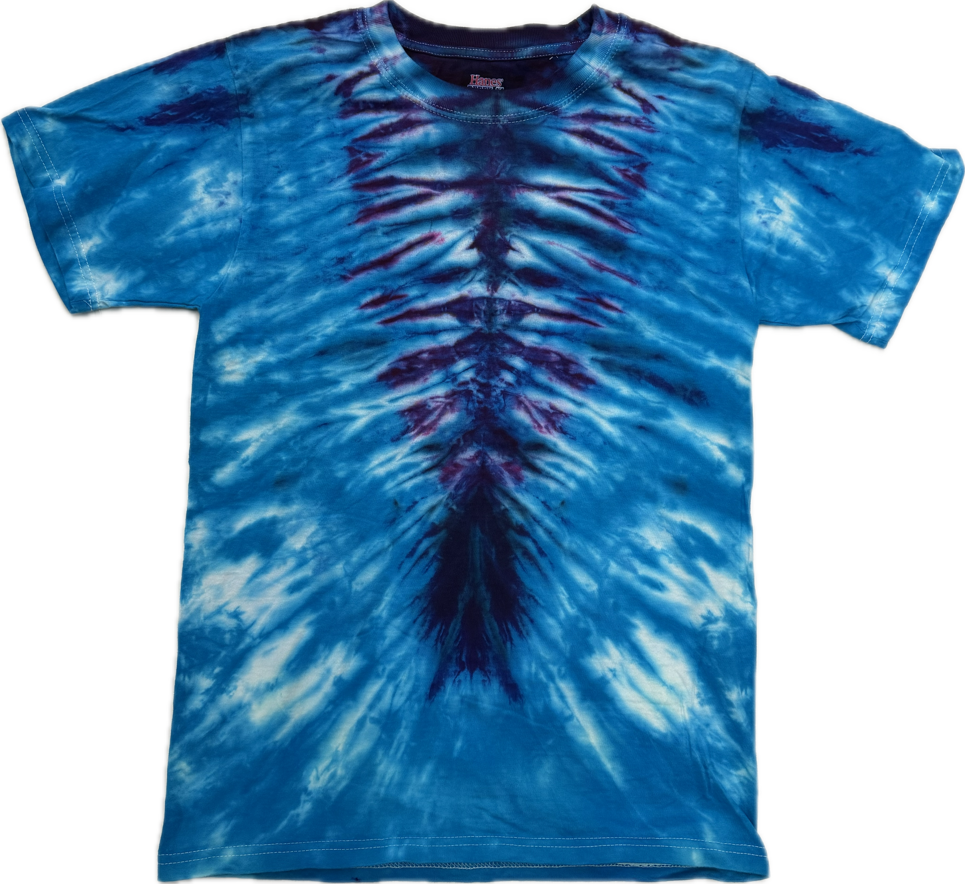 Blue and white tie-dye t-shirt on a white background