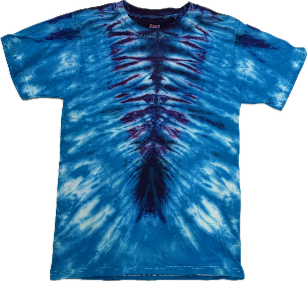 Blue and white tie-dye t-shirt on a white background