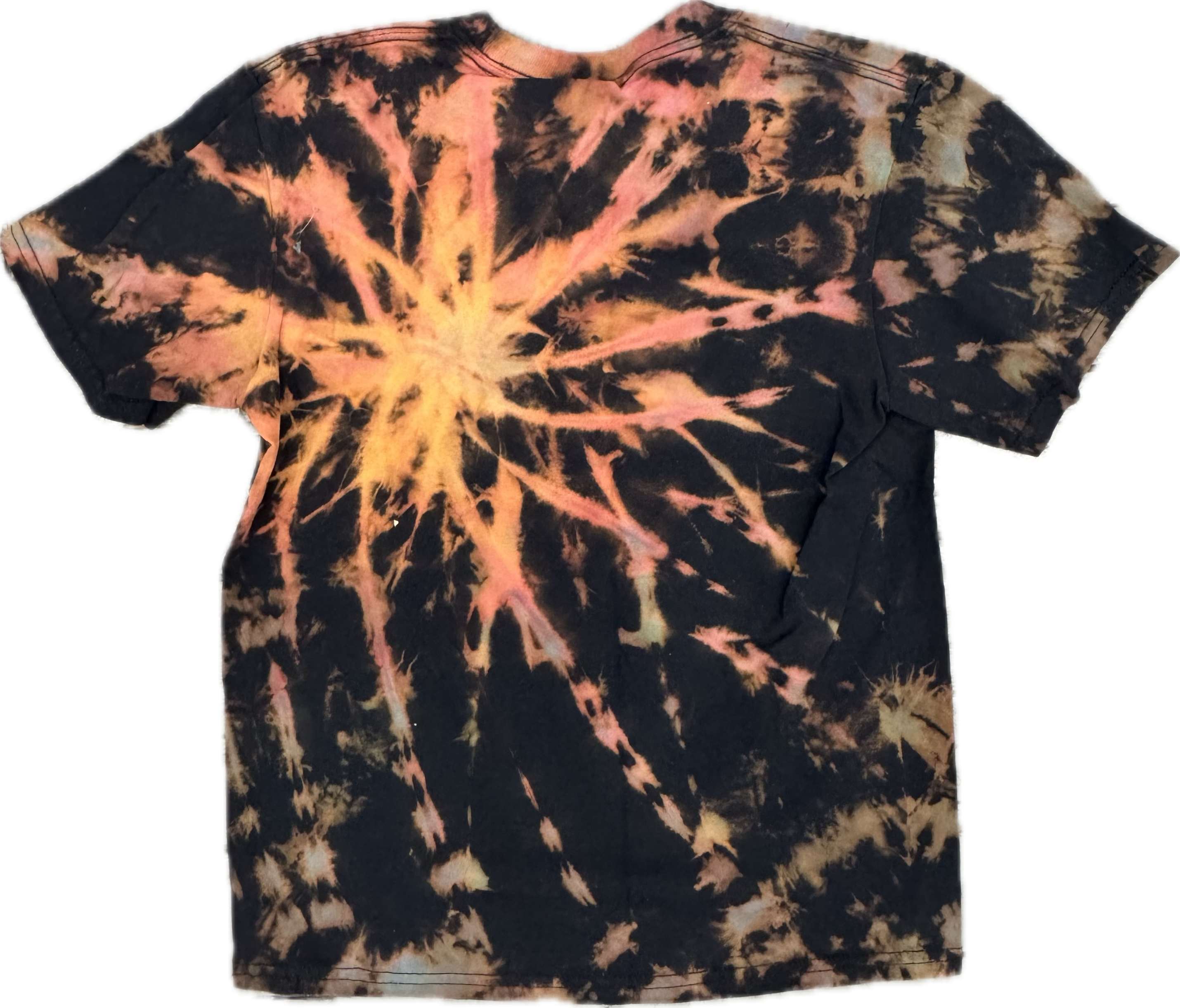 🔥 "Stand Out in Fiery Style – Unique Tie-Dye for Kids." Handmade Spiral Tie-Dye T-Shirt – Youth Medium (Black, Orange & Gold Burst)